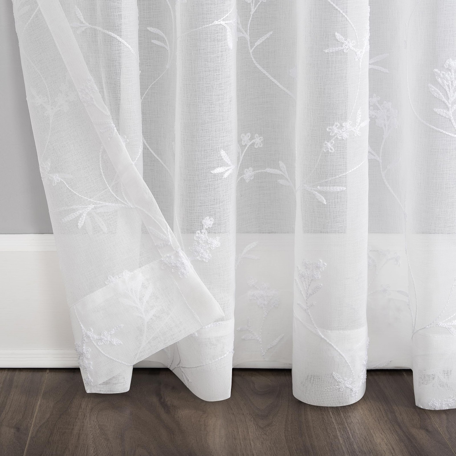 Delia Embroidered Floral Sheer Rod Pocket Curtain Panel, 50″ x 84″, Ivory Off…