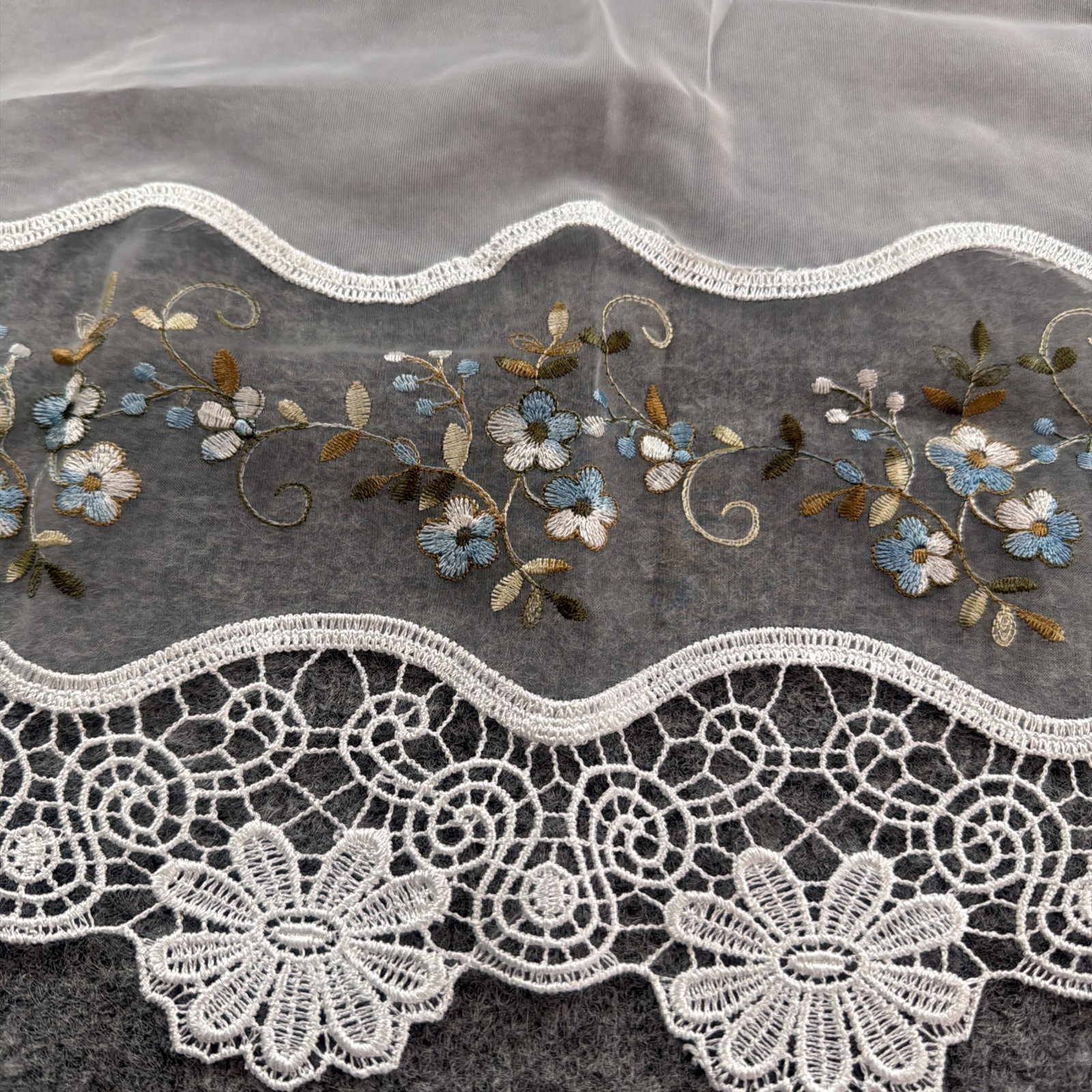 VTG Macrame Organza Valance White/Blue Floral Cottage/Cabin Core 58″W x 14″L NIP
