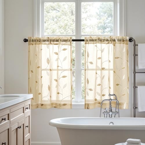 Sheer Curtains 2 Panels Embroidered Leaf 30″W x 36″L (Pack of 2) Beige