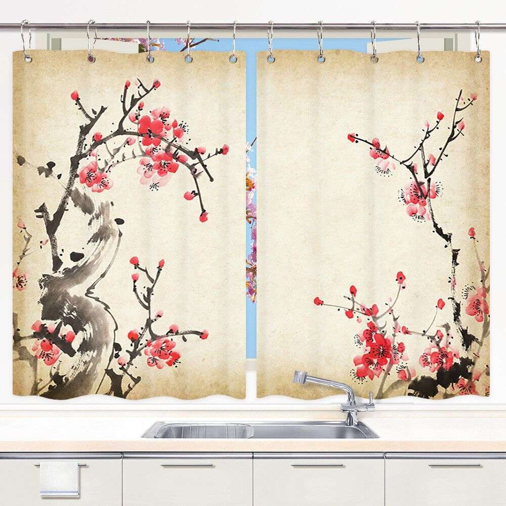 Cherry Blossom Ink Japan Kitchen Curtains Window Drapes 2 Panel Set with Hooks
