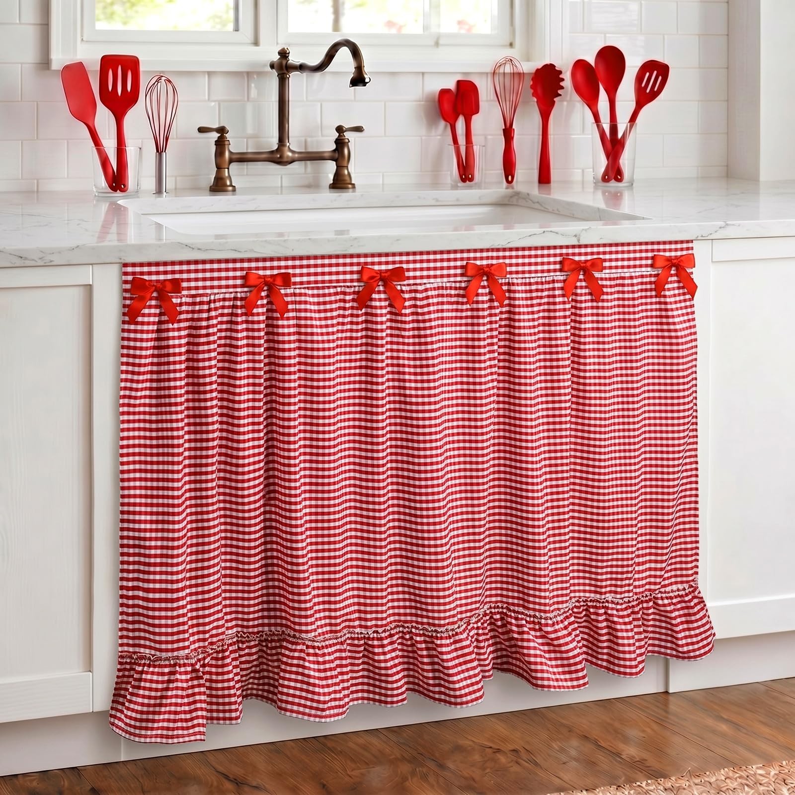 Red Gingham Sink Skirt for Bathroom 56″ x 28″ Ruffle Cabinet Curtain Red and …