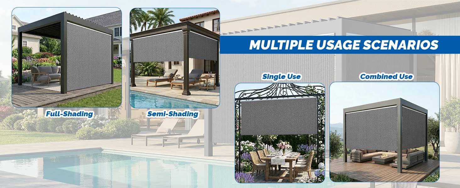 Outdoor Roller Shade, 10′(W) x 8′(H) Sun Shade Cover Canopy 220GSM HDPE with 99%