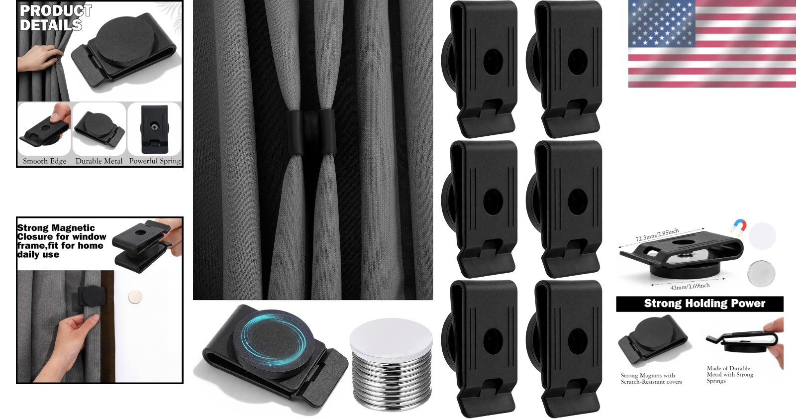 Magnetic Curtain Closures 6 Count Black Waterproof Fabric for Outdoor Use