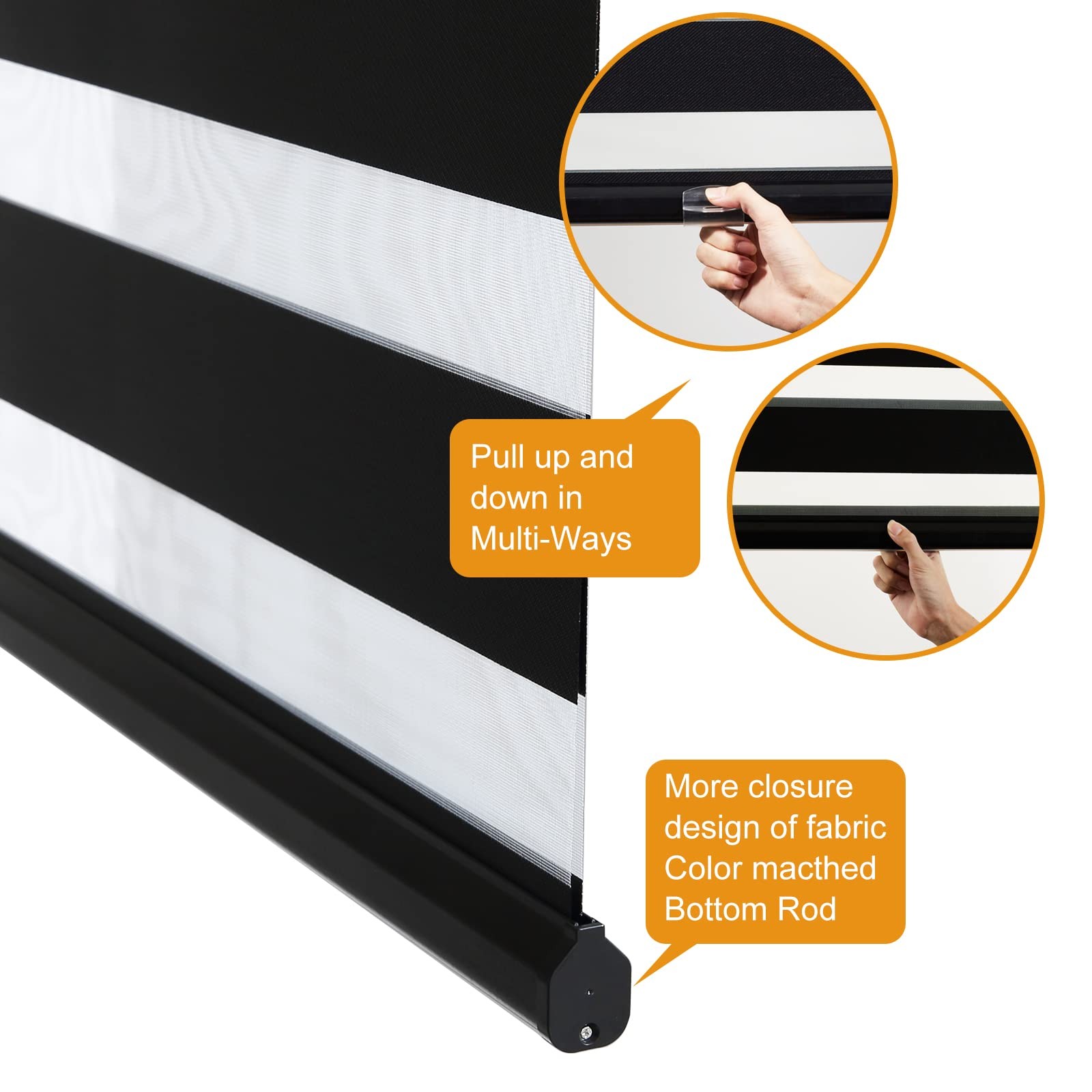 Cordless Zebra Blinds for Windows (34″ W X 64″ H, Black) Free-Stop Windows Sh…