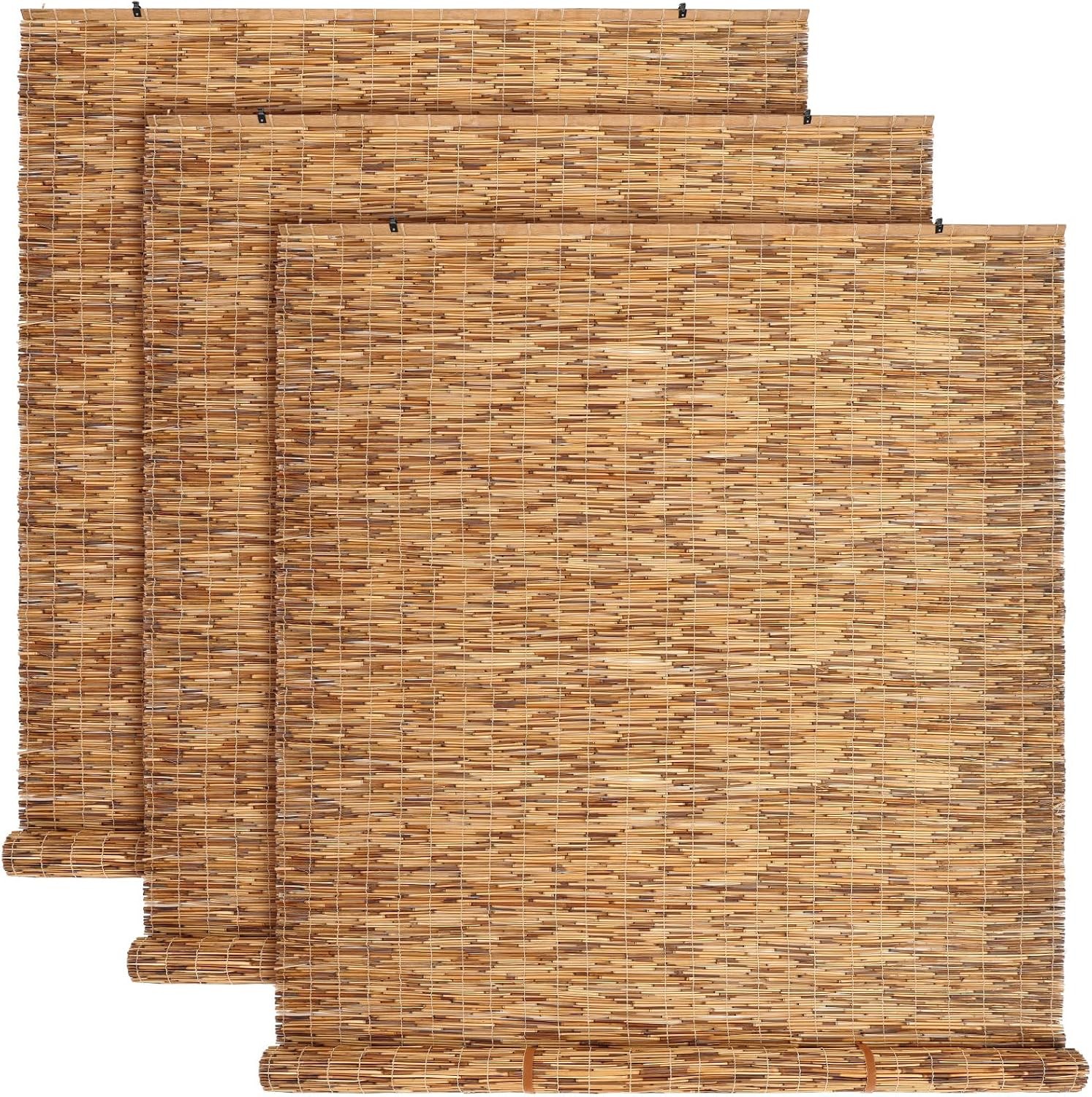 3 Pcs Bamboo Shades Outdoor Reed Roll Up Blinds 48″ W x 72″ H Blackout Sunshade