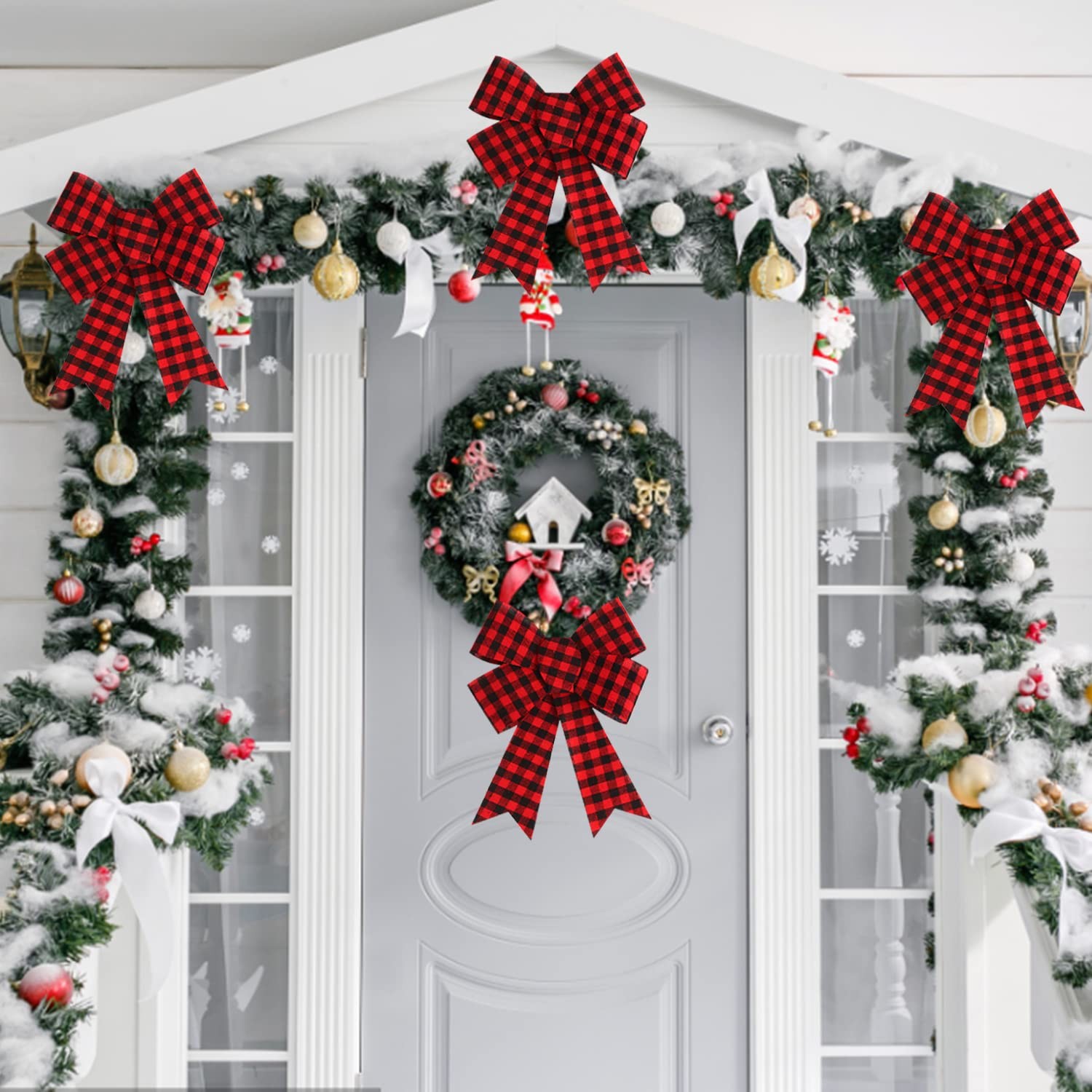 6 PCS Large Red Black Buffalo Plaid Christmas Bows 11×8 Inch Wreath Decor