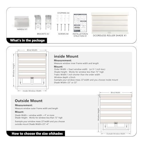Cordless Zebra Blinds for Windows Pull Down Roller Window 20″W x 72″H Beige