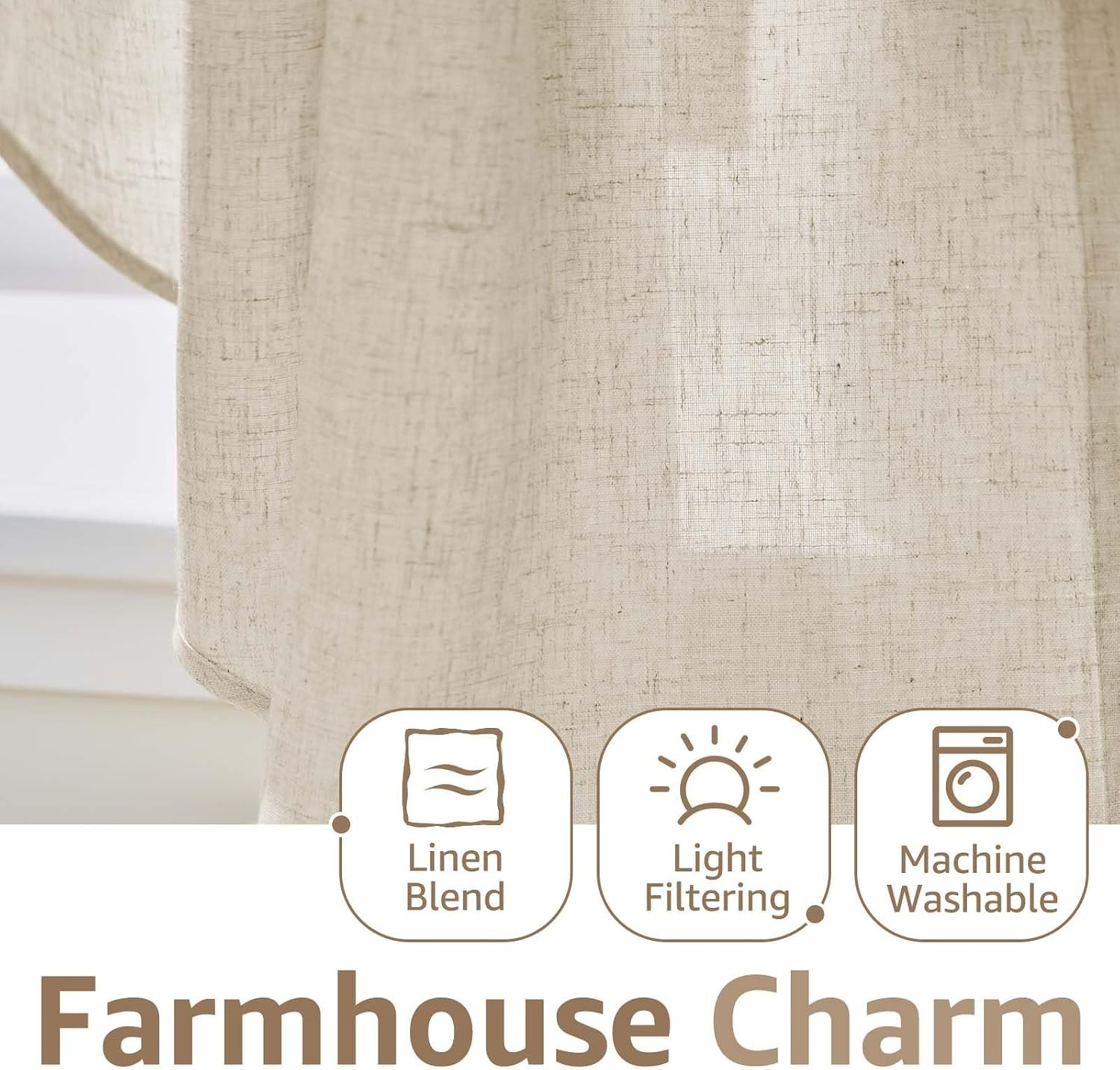Elegant 36 Inch Light Filtering Valance | 2 Panel Country Linen Set in Beige