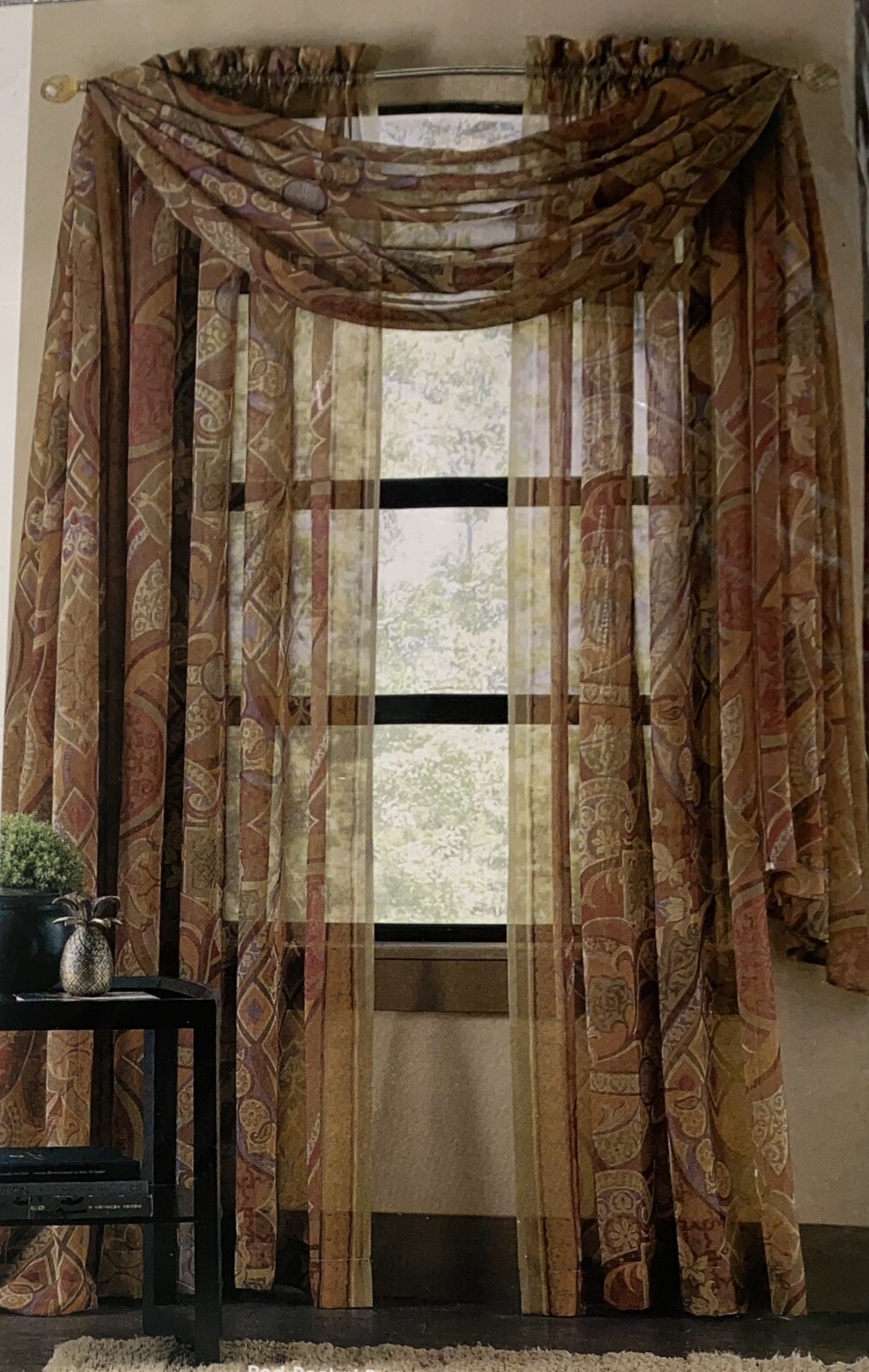 JC Penny Home Collection Set (2) Sheer Scarf Valance Lucien Print 58” X 216” NEW