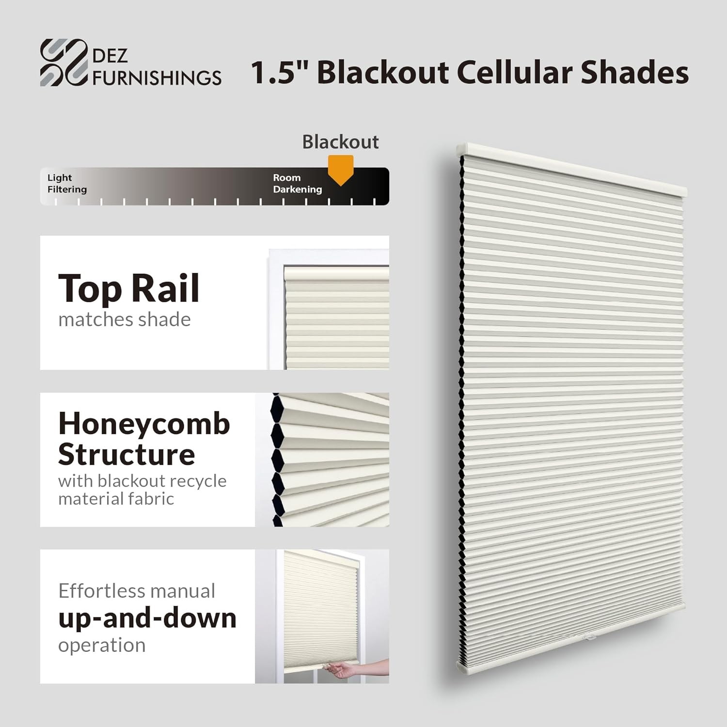 Cordless Blackout Cellular Shade 1.5in | Energy Saver | Ivory 64×33.5 in Outside