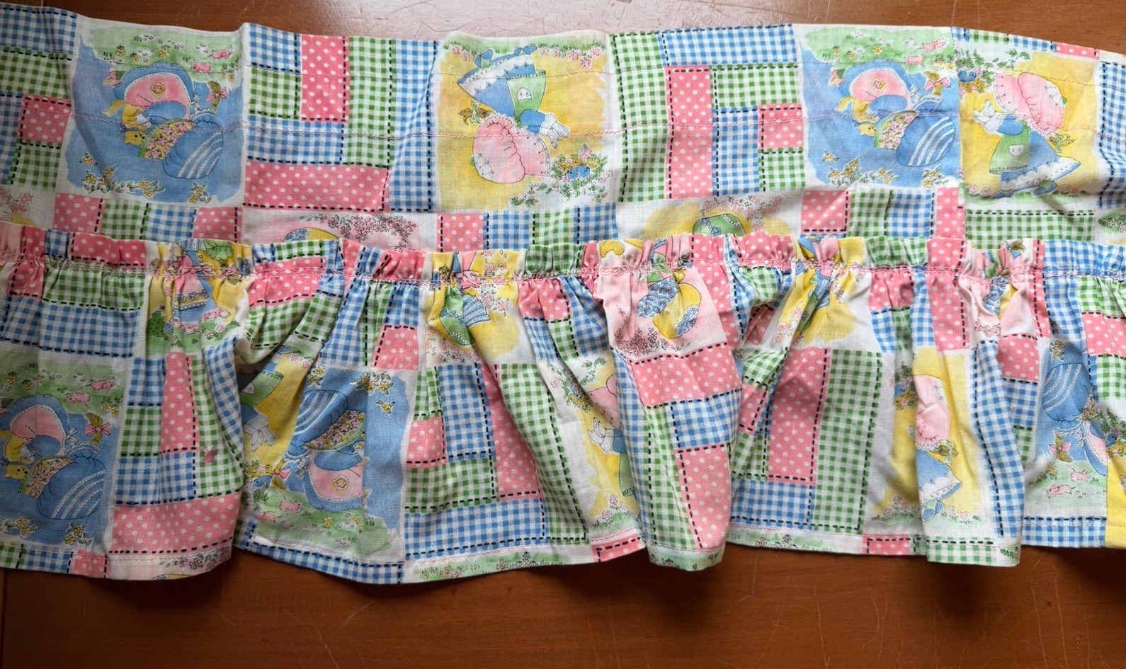 Vintage Handmade Holly Hobbie Patchwork Ruffled Window Valances Pair 63×11”