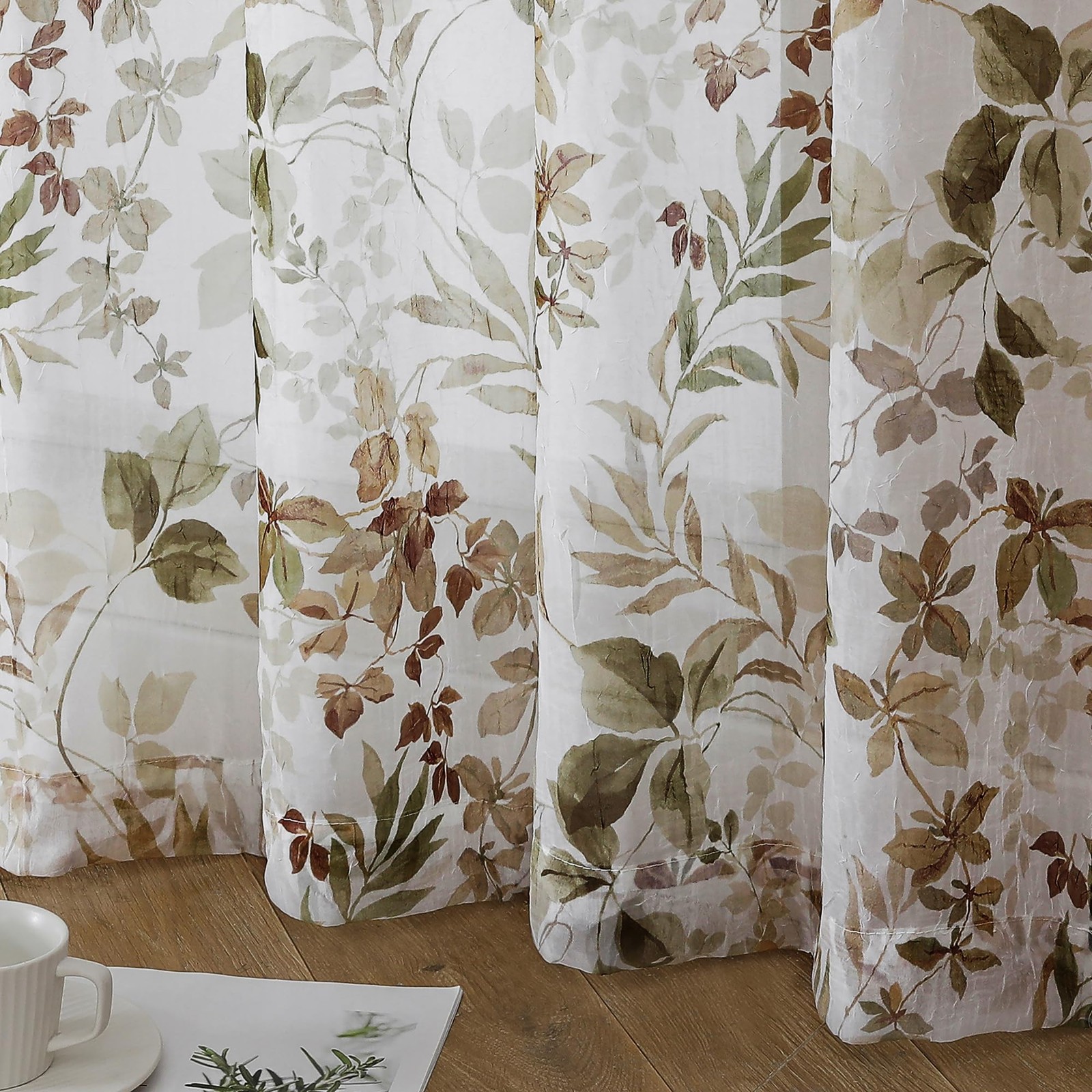 Crushed Sheer Curtains 63 Inch Length 2 Panels Set, Sheer Floral Curtians wit