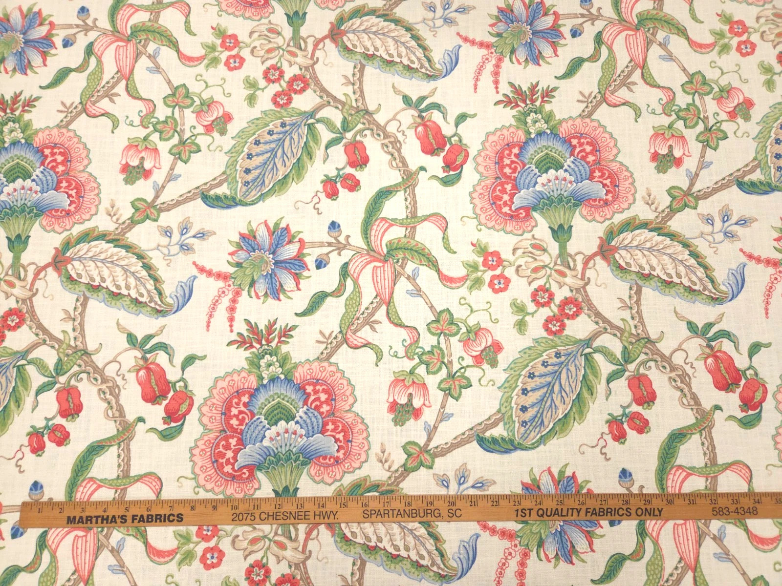 2 Drapes Multi Color Rose Blue Green Jacobean Floral Eggshell Linen