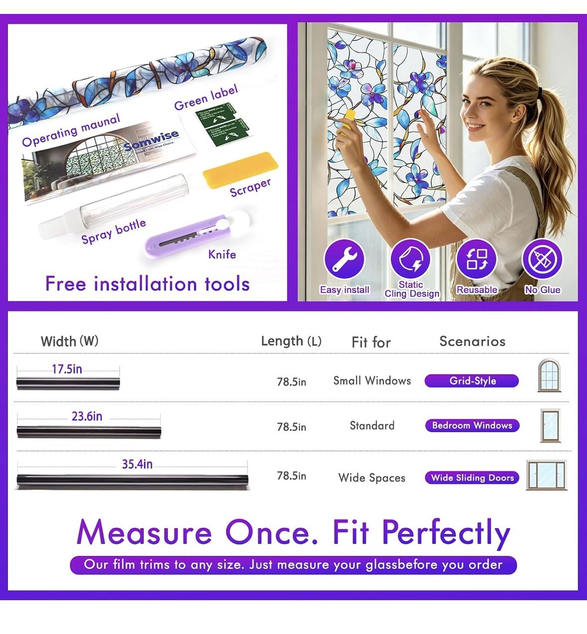 Window Privacy Film Stained Glass Decorative Static Clings UV blocking easy diy