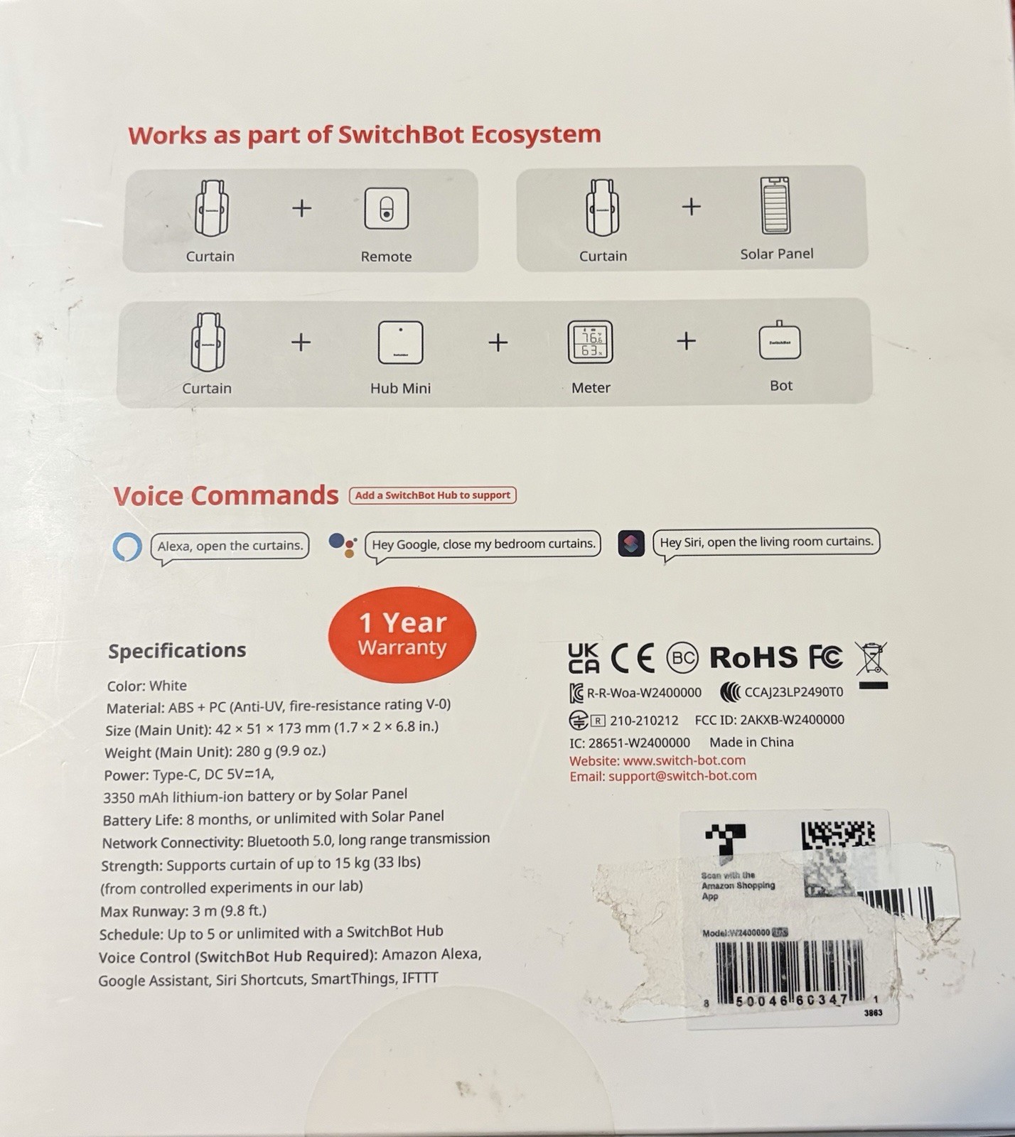 SwitchBot Curtain 3 Compatible w/ Alexa, Hey Google, & Hey Siri – WHITE