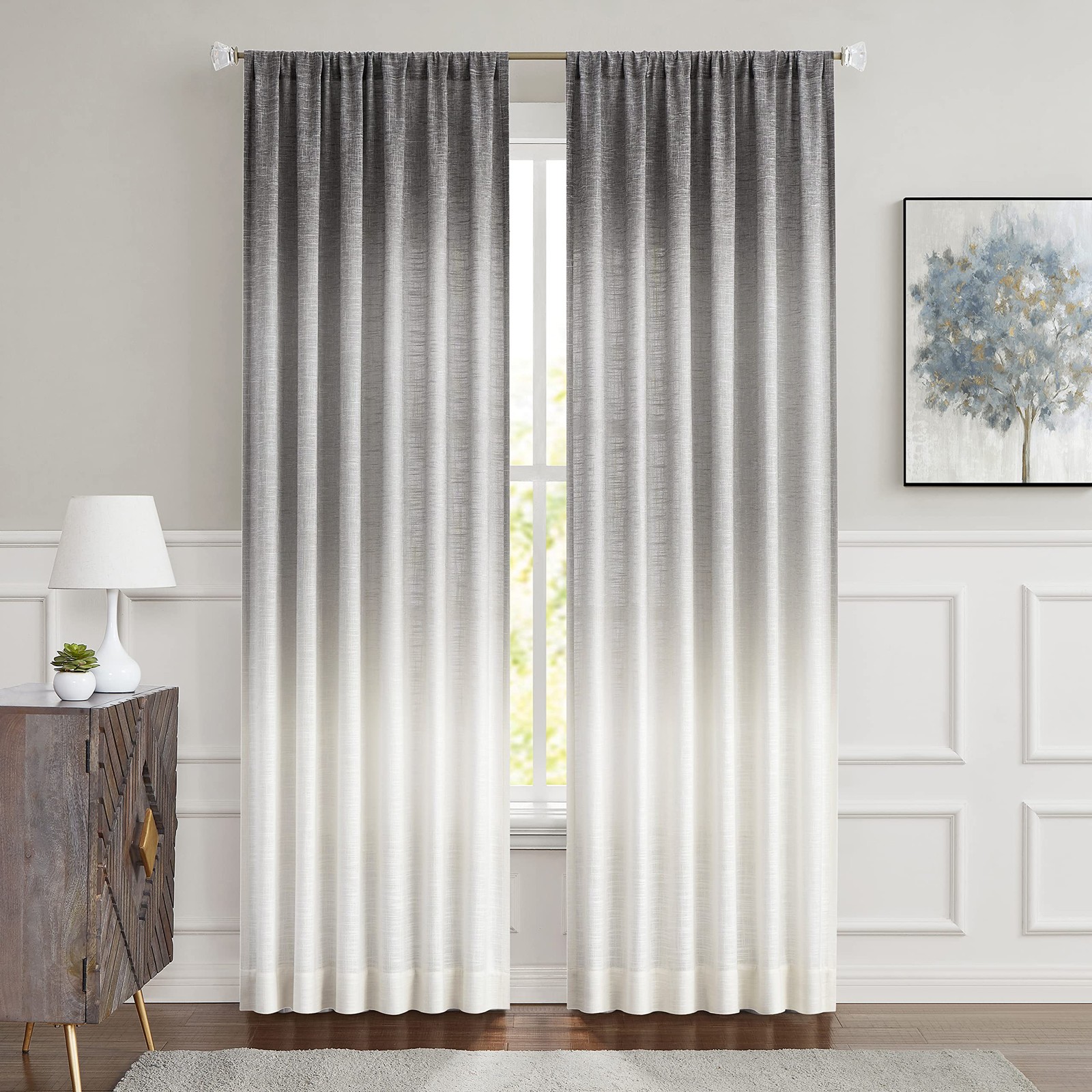 Ombre Window Curtain Panel Linen Gradient Print on Rayon Blend Fabric Backtab…