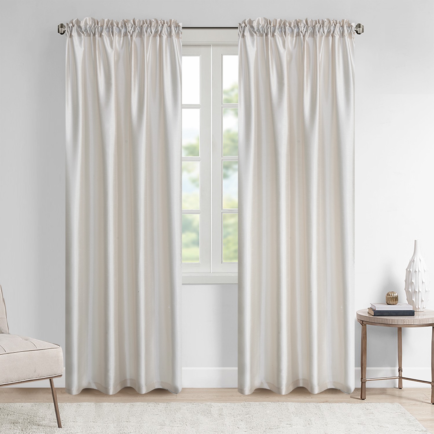 Faux Silk Semi Sheer Curtains Rod Pocket Light Reducing Silk Drapes, 2panels