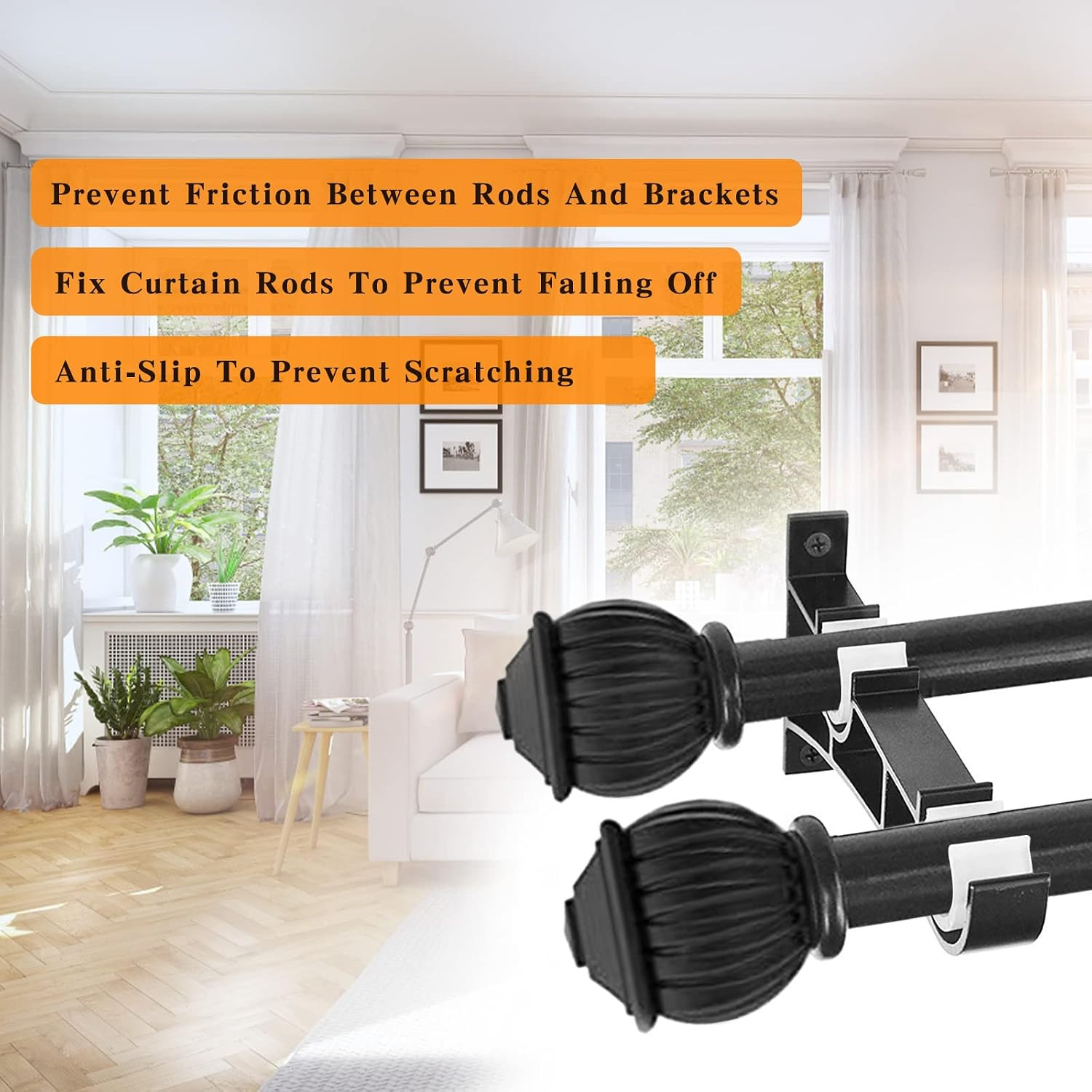 Double Curtain Rod Brackets, 6 Pack Heavy Duty Curtain Rod Holders 1 Inch Black