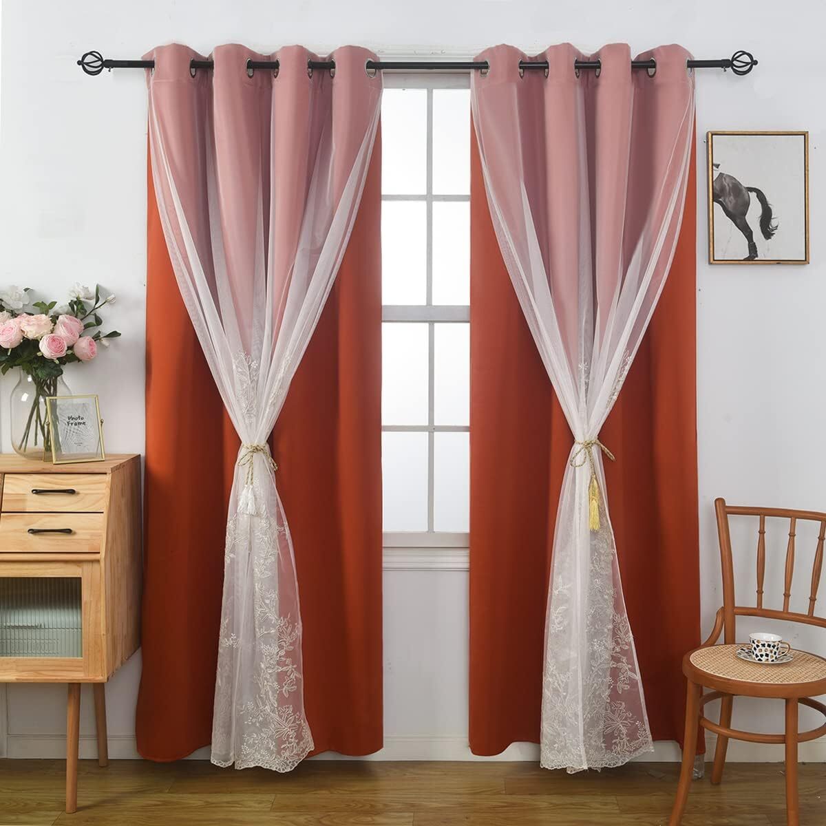 2Panels Double Layer Curtains with Embroiered Sheer, Grommet 52x84inch,Tangerine