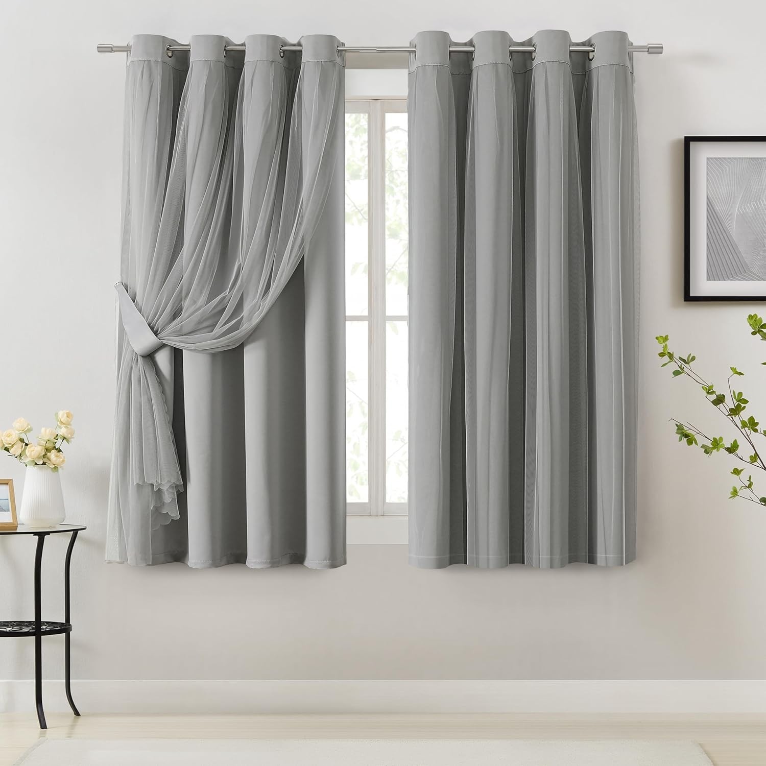 Beige 80% Blackout Curtains W/ Sheer Overlay Mix & Match Double Layer Thermal