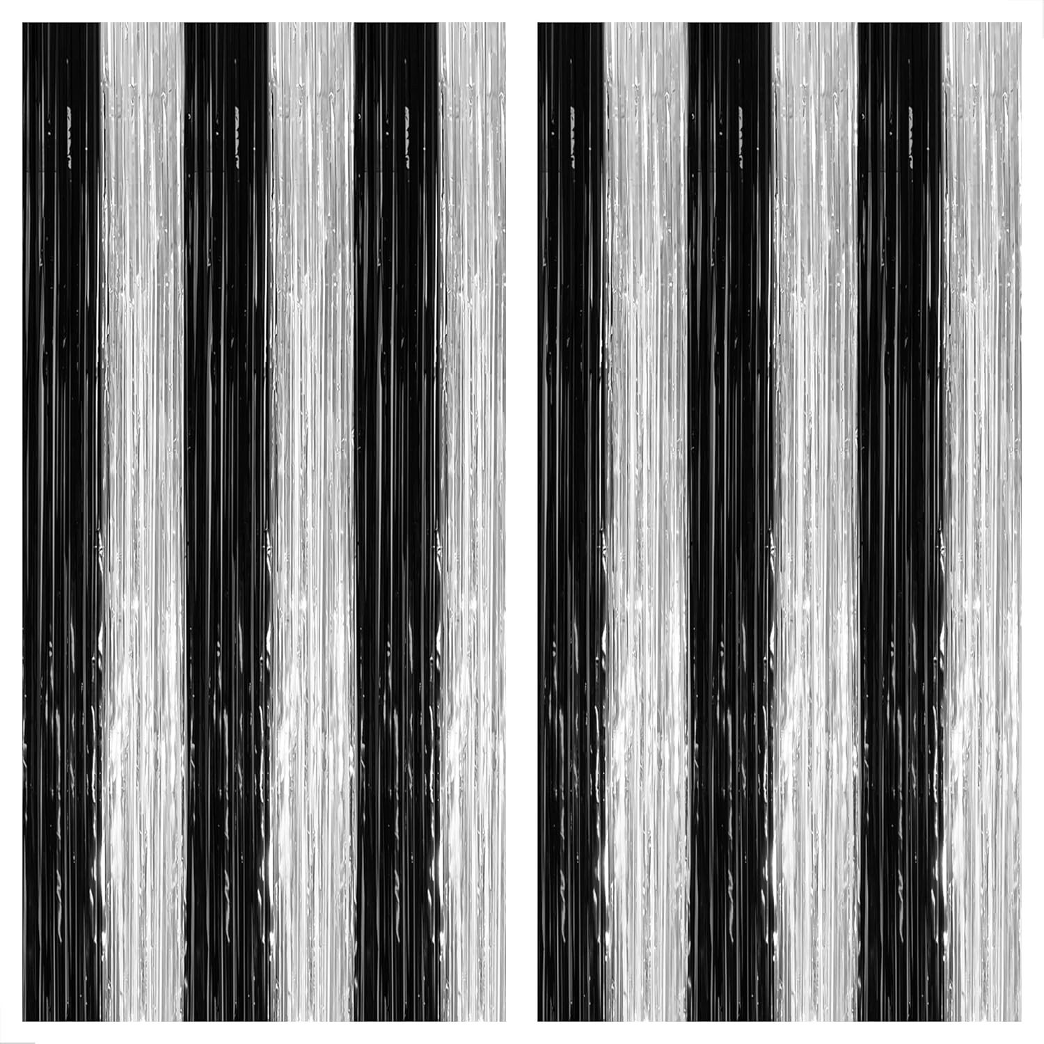 , Xtralarge Black and Silver Fringe Curtain – 3.2X8 Feet, Pack of 2 | Black and