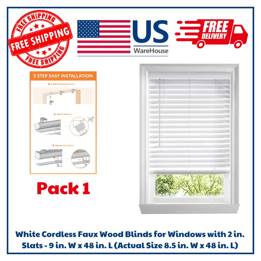 White Cordless Faux Wood Blinds for Windows with 2 in. Slats – 9 in. W x 48 in.L
