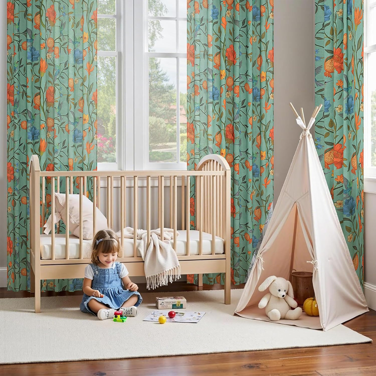 Green Boho Floral Linen Curtains Whimsical Semi Sheer Botanical Block Print Cot