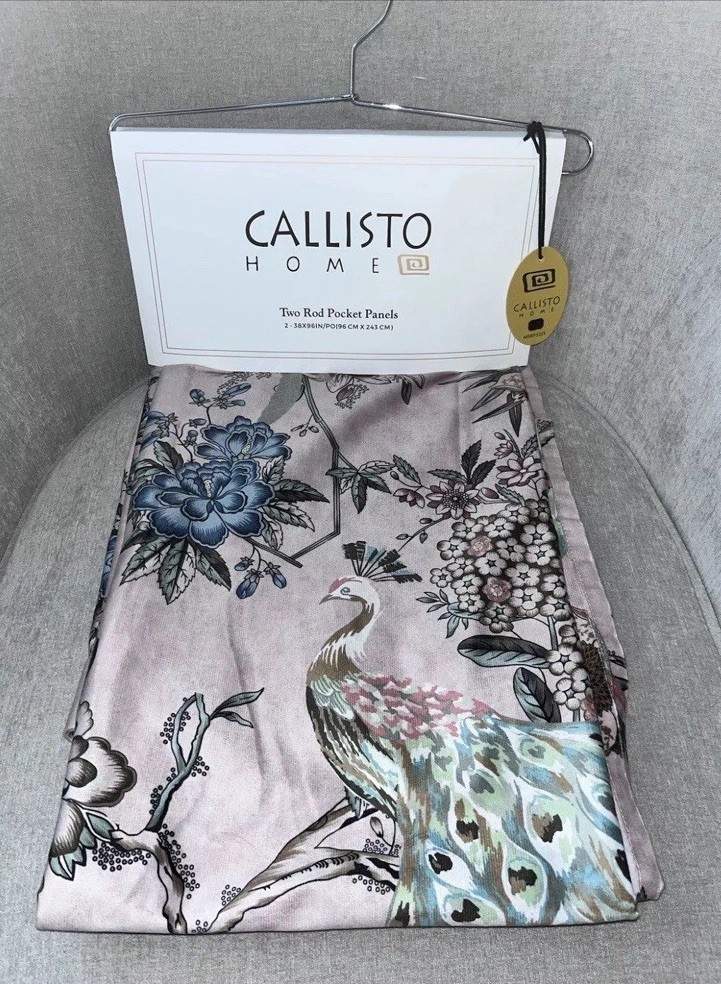 1-NWT CALLISTO HOME PEACOCK PRINT CURTAINS SET OF 2 PANELS SIZE 38”x 96”