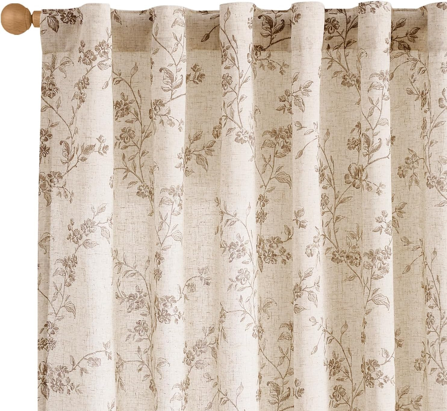 Taupe Floral Linen Look Curtain Panels 84 Inch Light Filtering Drapes Set of 2
