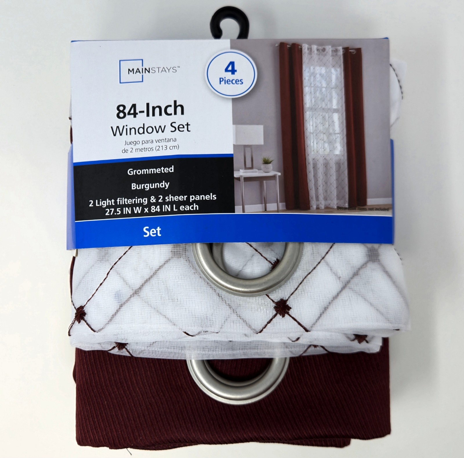 84-INCH Window Set Mainstays 4 Pieces Deep Burgandy 2 Sheer 2 Light Filtering