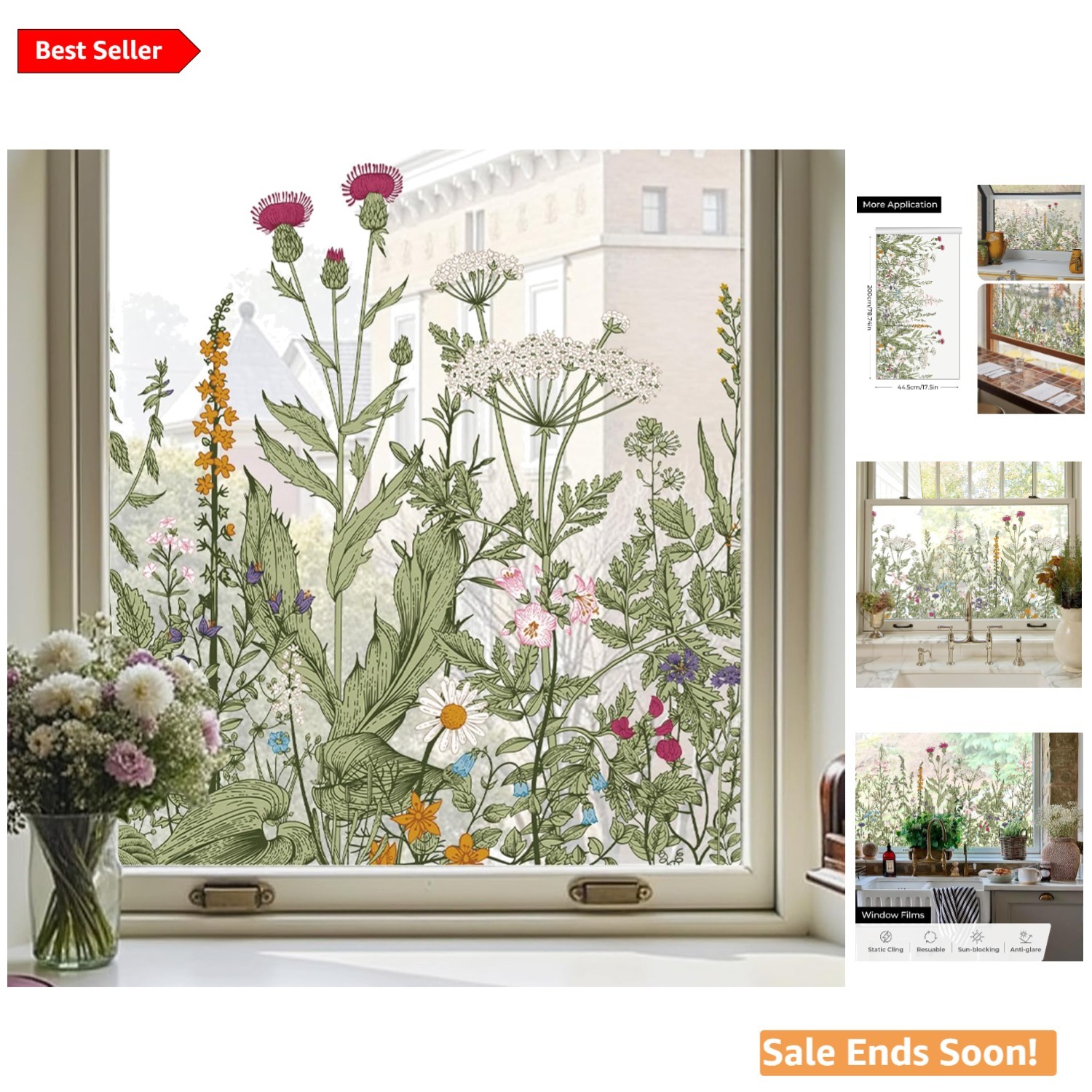 Colorful Floral Window Stickers – 17.5 x 78.7 in, Vibrant DIY Static Clings