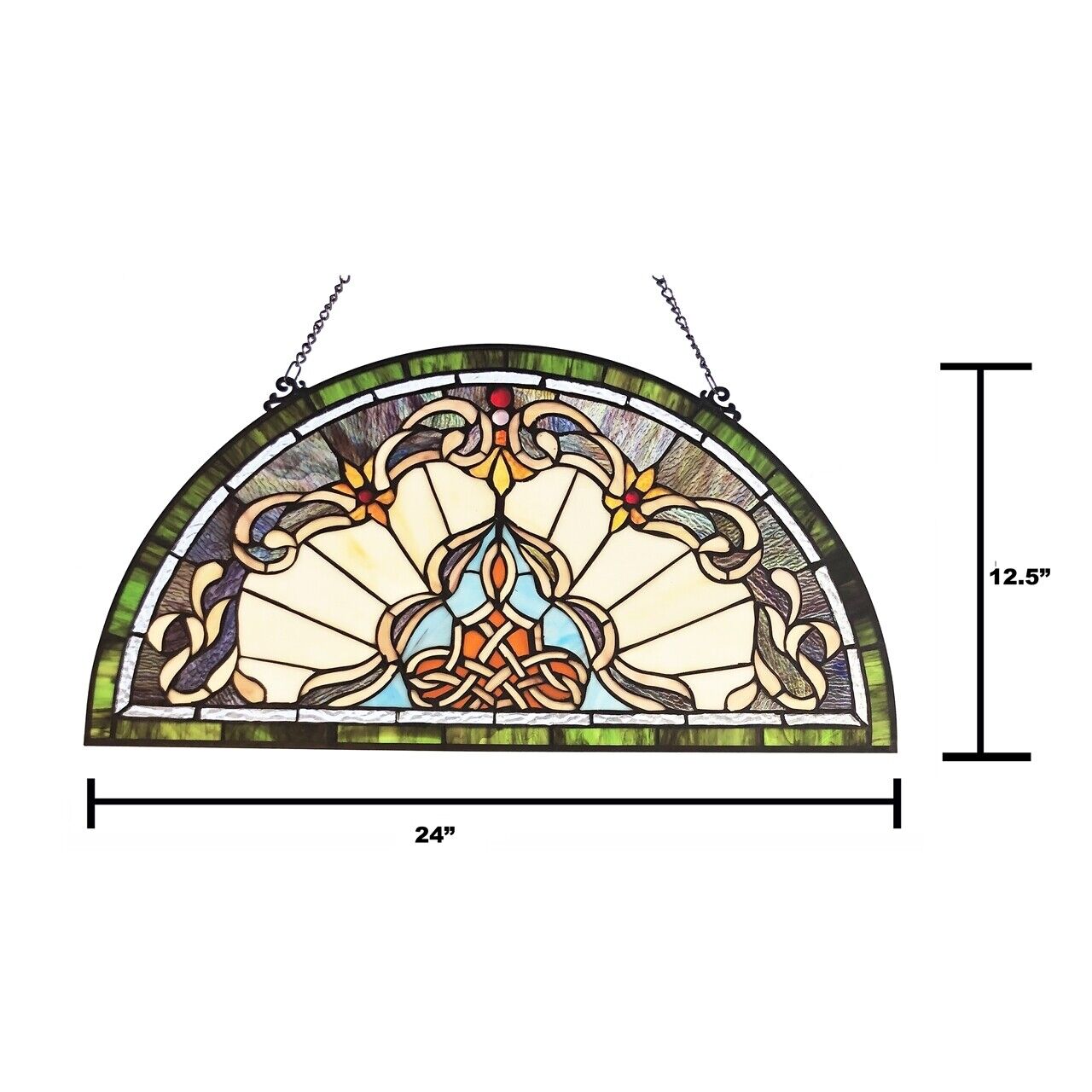 Stained Glass Window Panel Victorian 24″ Half Moon Tiffany Style ONE THIS PRICE