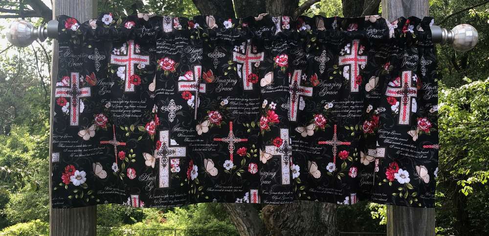 Christian Amazing Grace Valance Cross Floral Black Window Curtain Topper