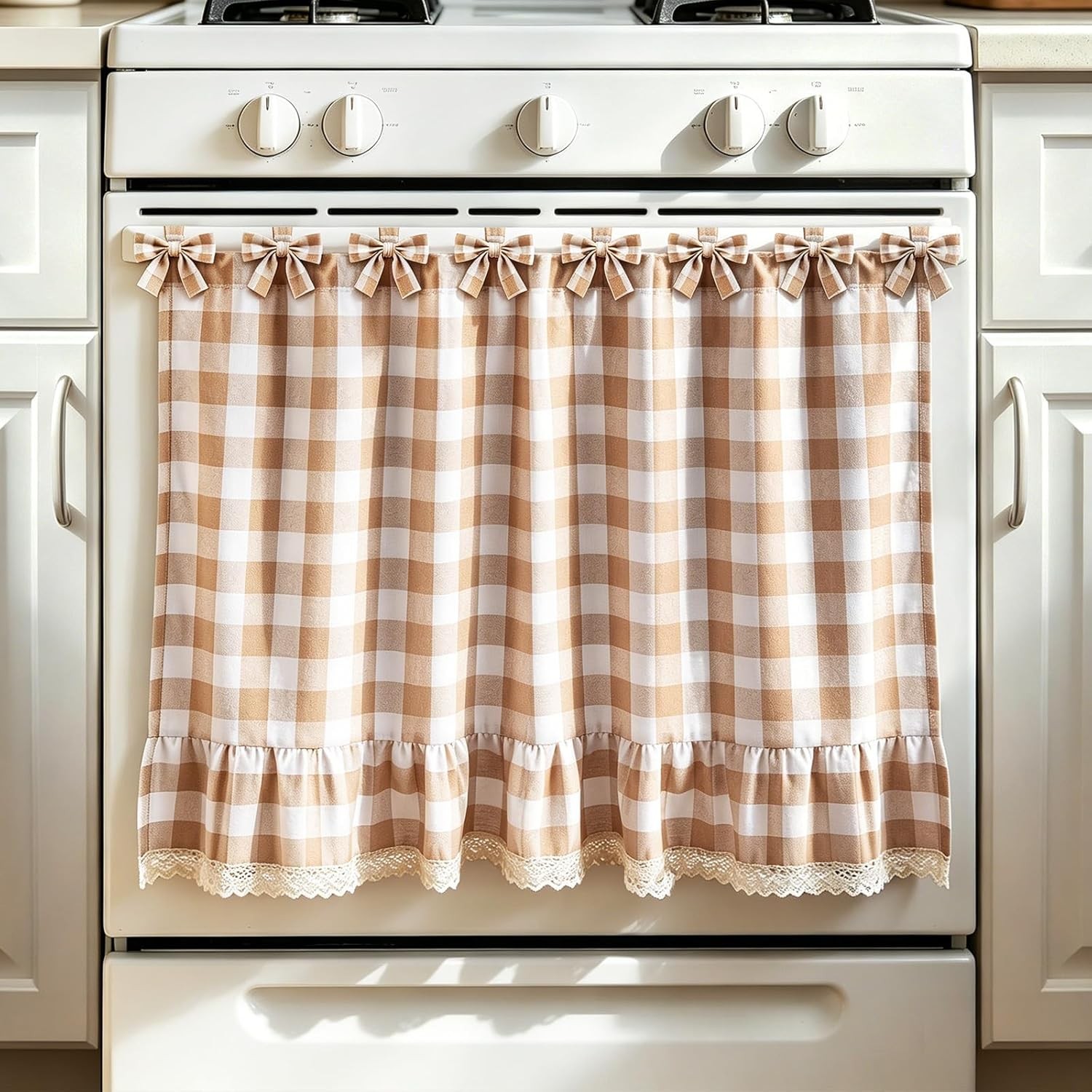Oven Skirt Curtain, Farmhouse Tie Top Oven Curtain for Door with Ruffle Trim and
