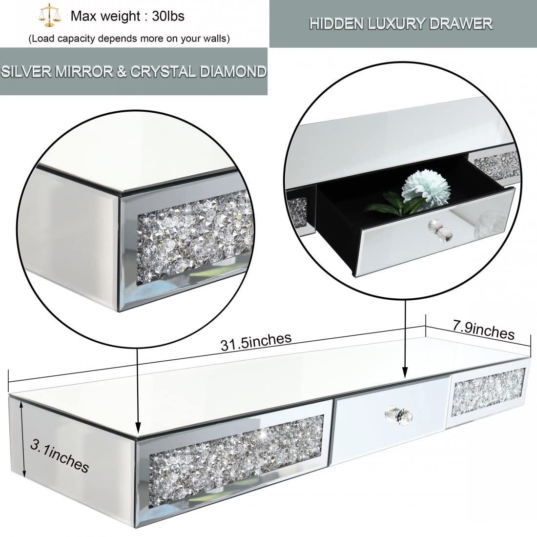 Crystal Diamond Mirrored Wall Shelf with Drawer-31.5″ Silver Mirror Crushed G…
