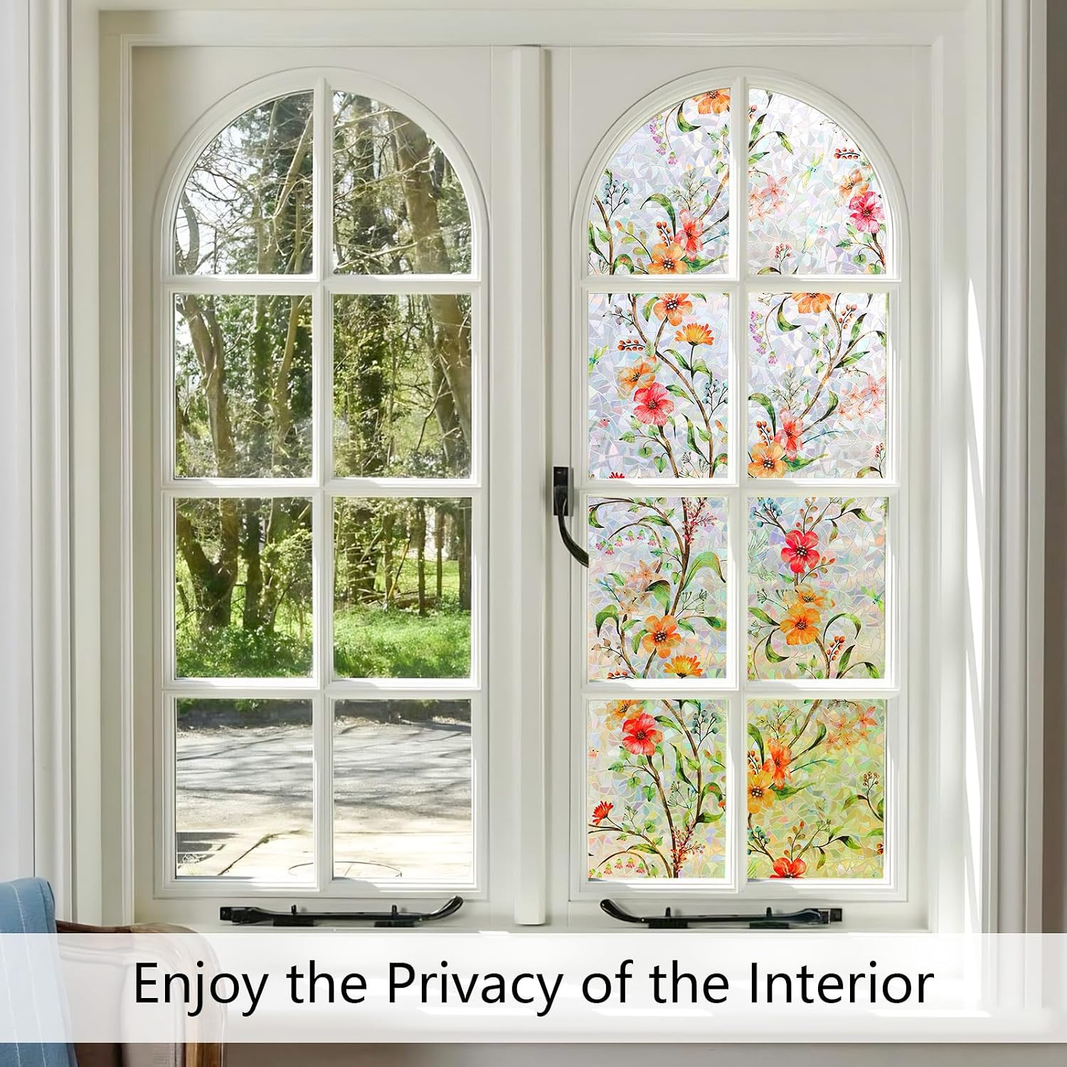 Window Privacy Film with Static Cling & 3D Rainbow Effect, Floral
