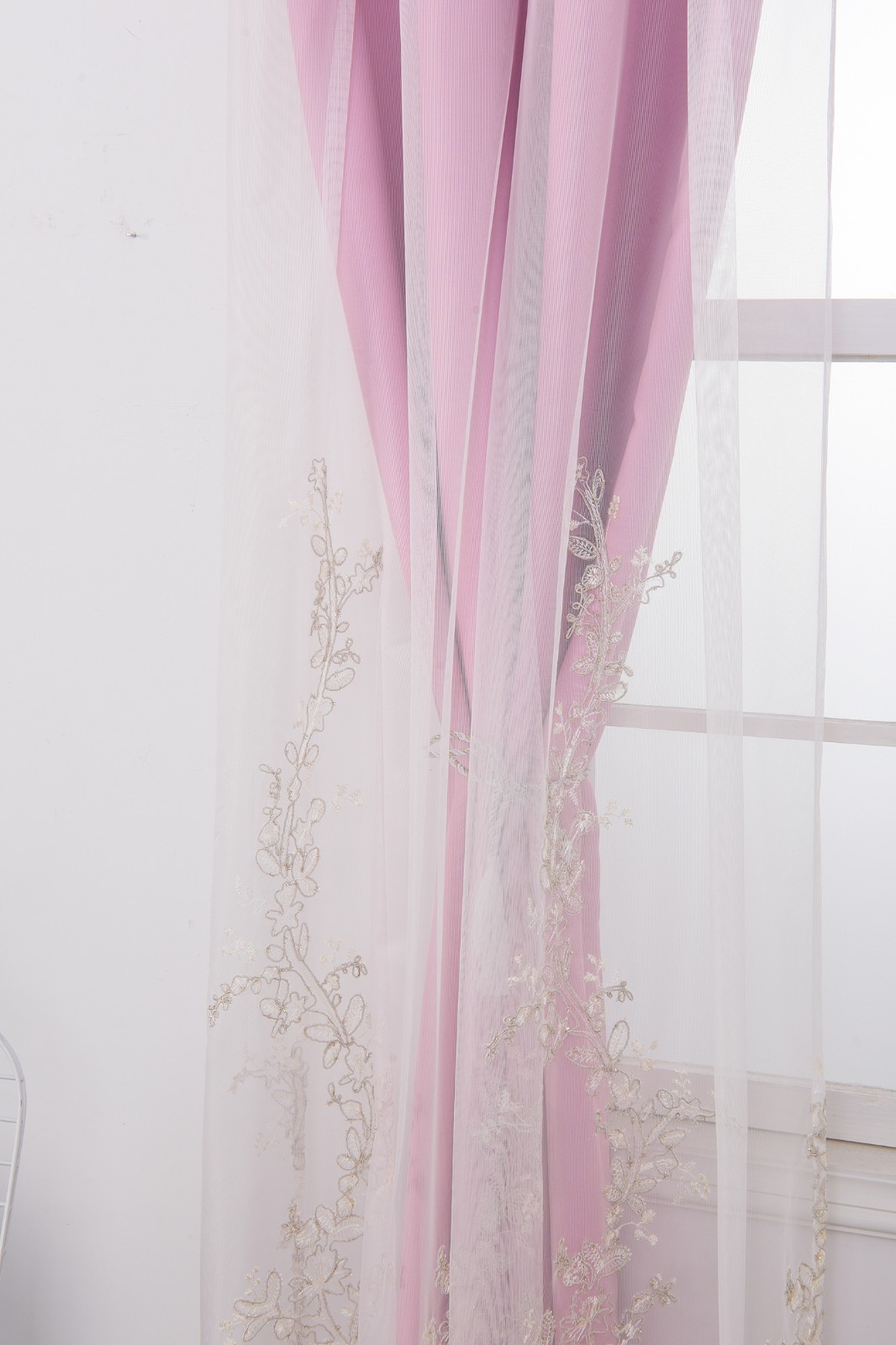2 Panels 52x63inch Double Layer Curtains with Embroiered Sheer, Grommet Drapes