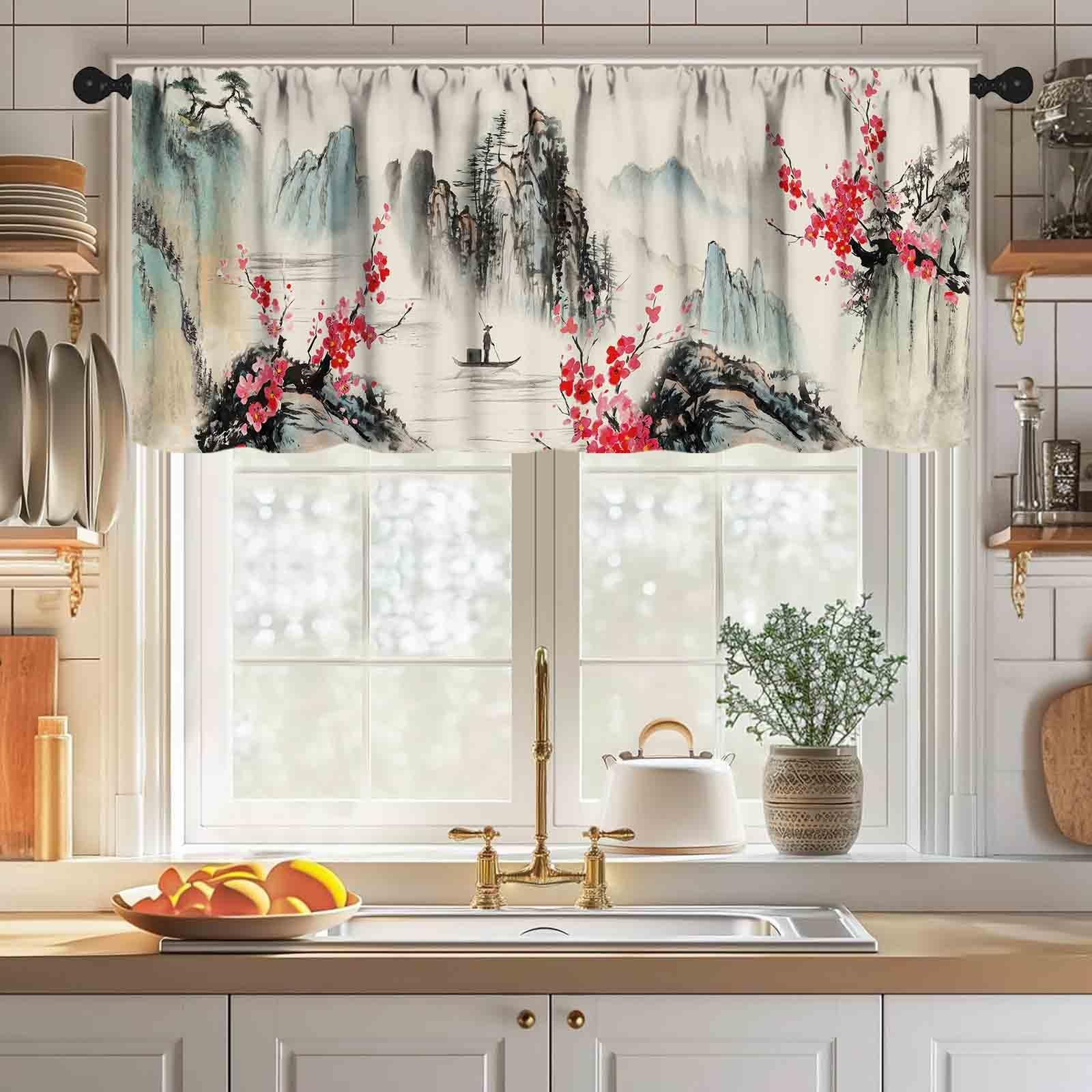 Japanese Landscape Kitchen Valance Curtain,Ink Painting Cherry Blossom Landsc…