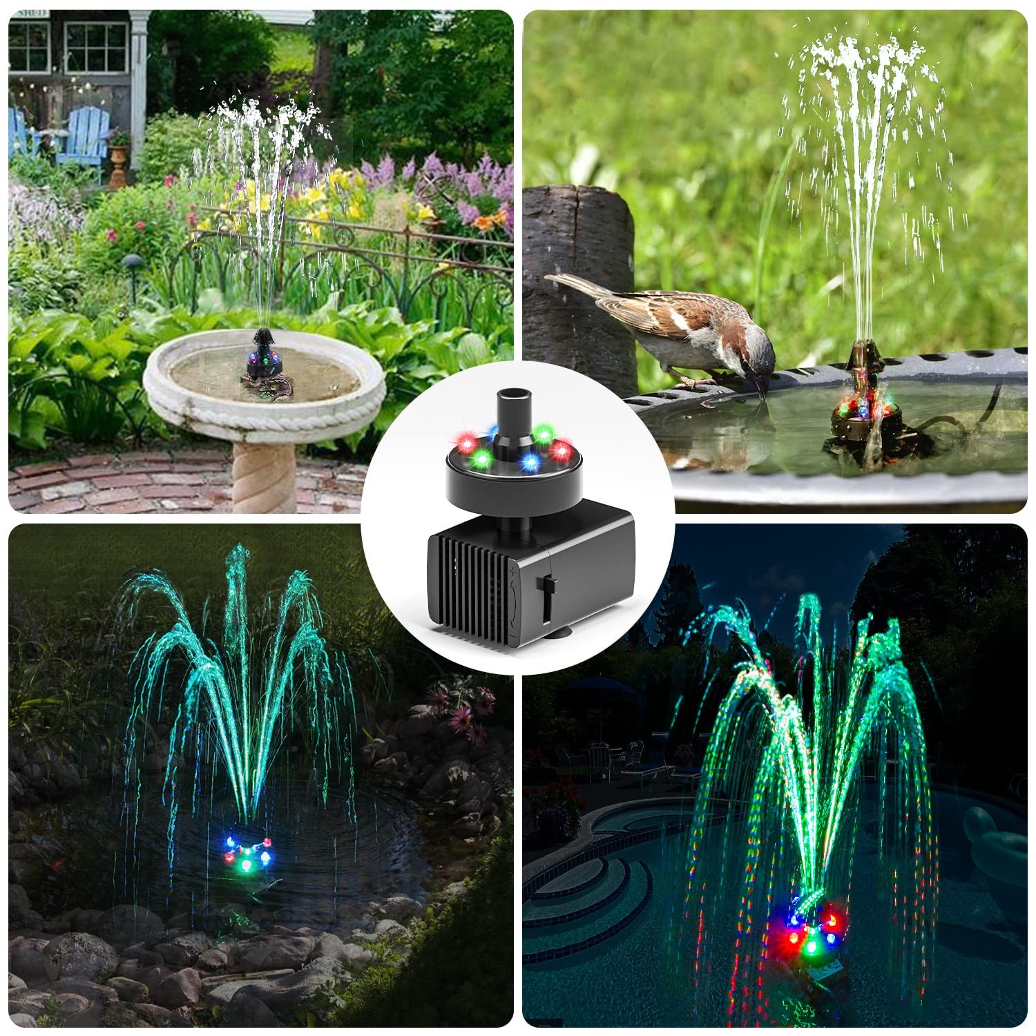 24hours Working Bird Bath Fountain Pump Adjustable Quiet Water Pump With Led Lig