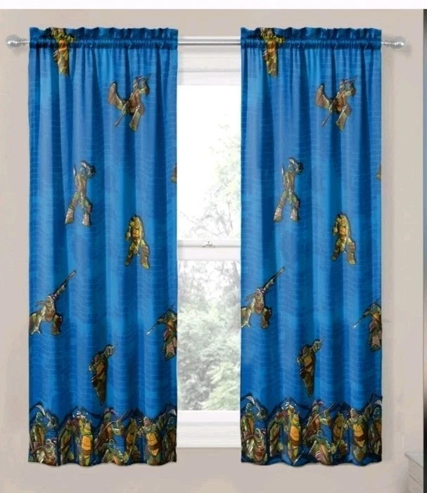 2 Teenage Mutant Ninja Turtles Blue Curtain Panels 42″ X 63″ Rod Pocket EUC