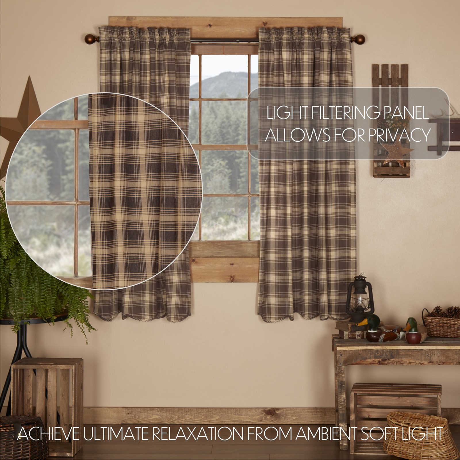 VHC Brands Rustic 63″x36″ Panel Pair Brown Rod Pocket Dawson Tie Window Curtains