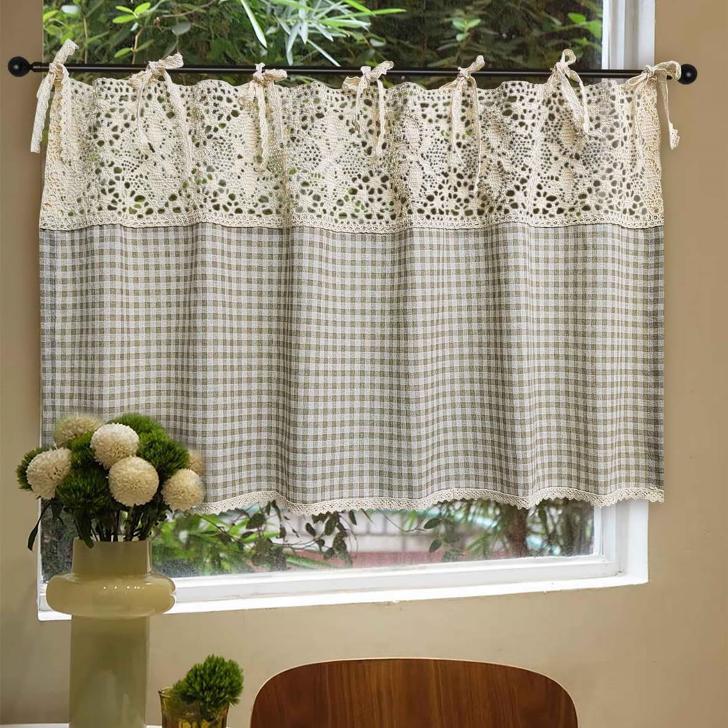 Vintage Buffalo Plaid Valance Stitching Crochet Kitchen Short Curtain Tier Li…