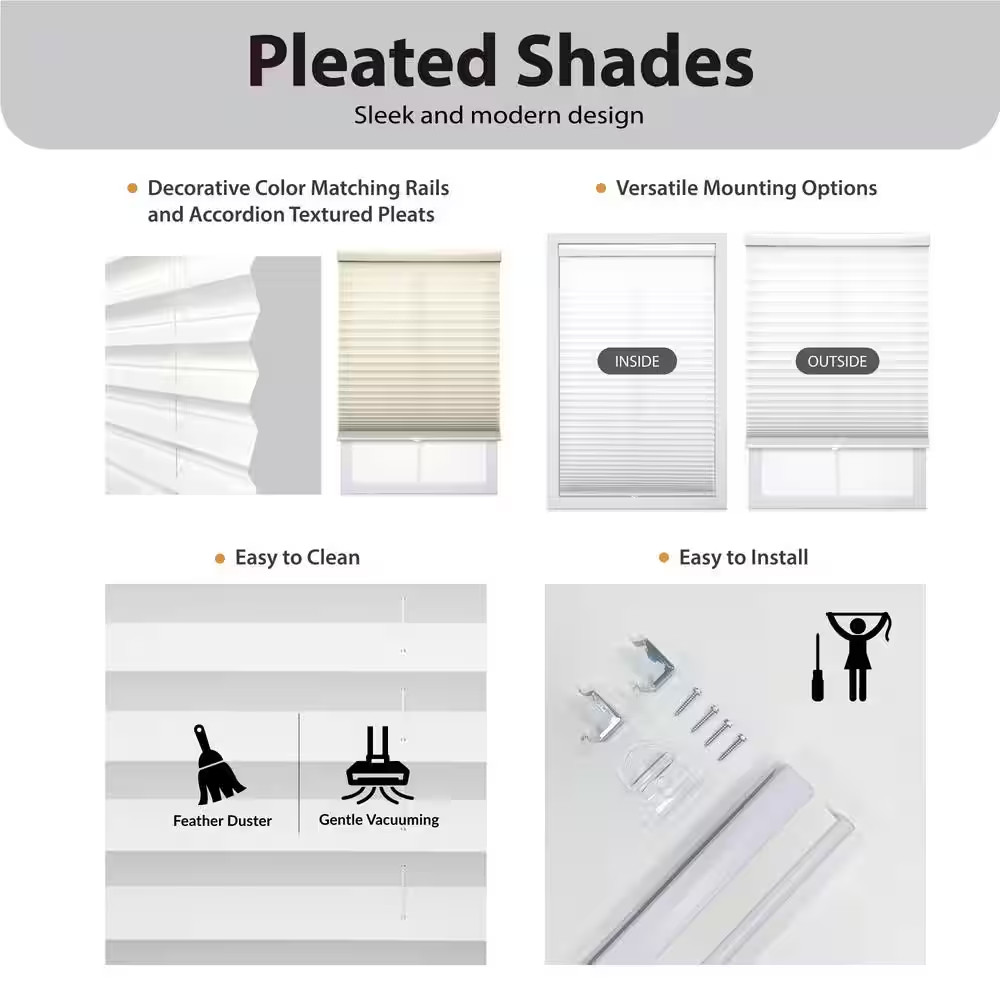 White Cordless Light Filtering Polyester Fabric Pleated Shade – 34 In. W X 64 In