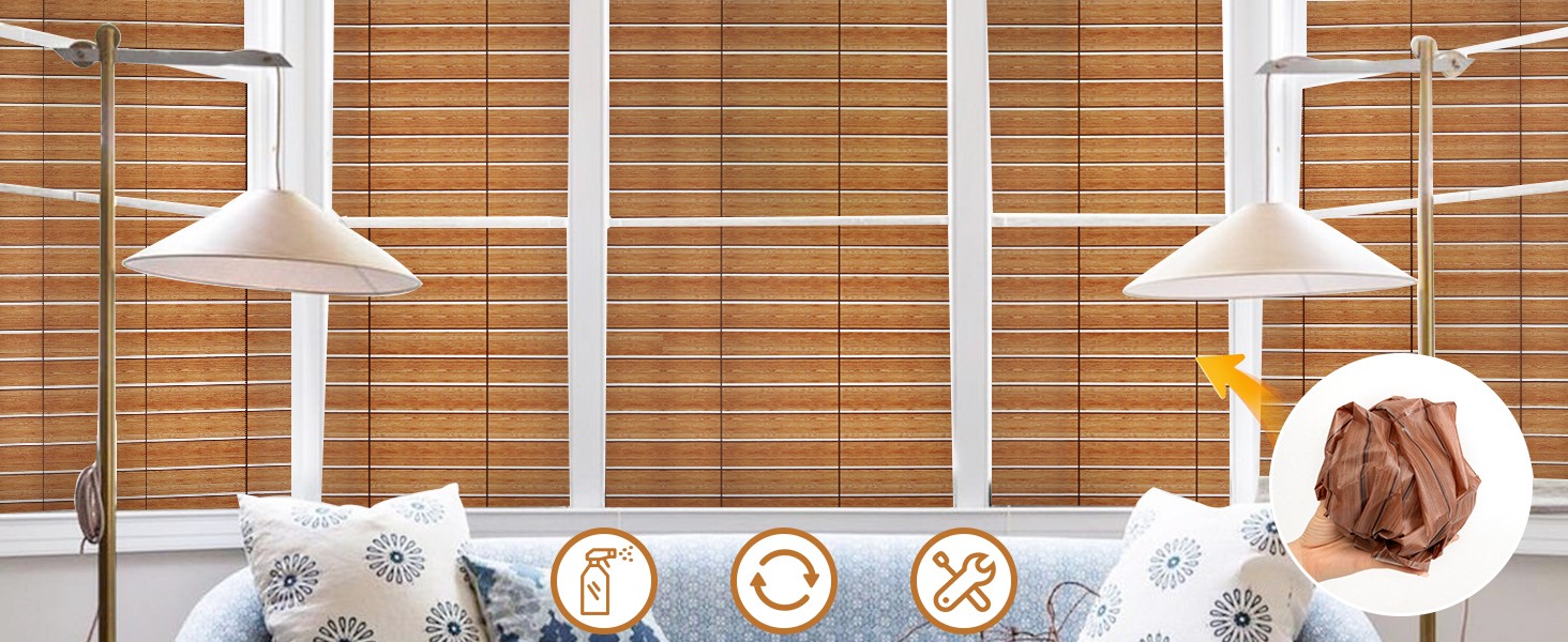 DKTIE Wooden Blinds Pattern Decorative Window Film, Sun Blocking Heat Control,