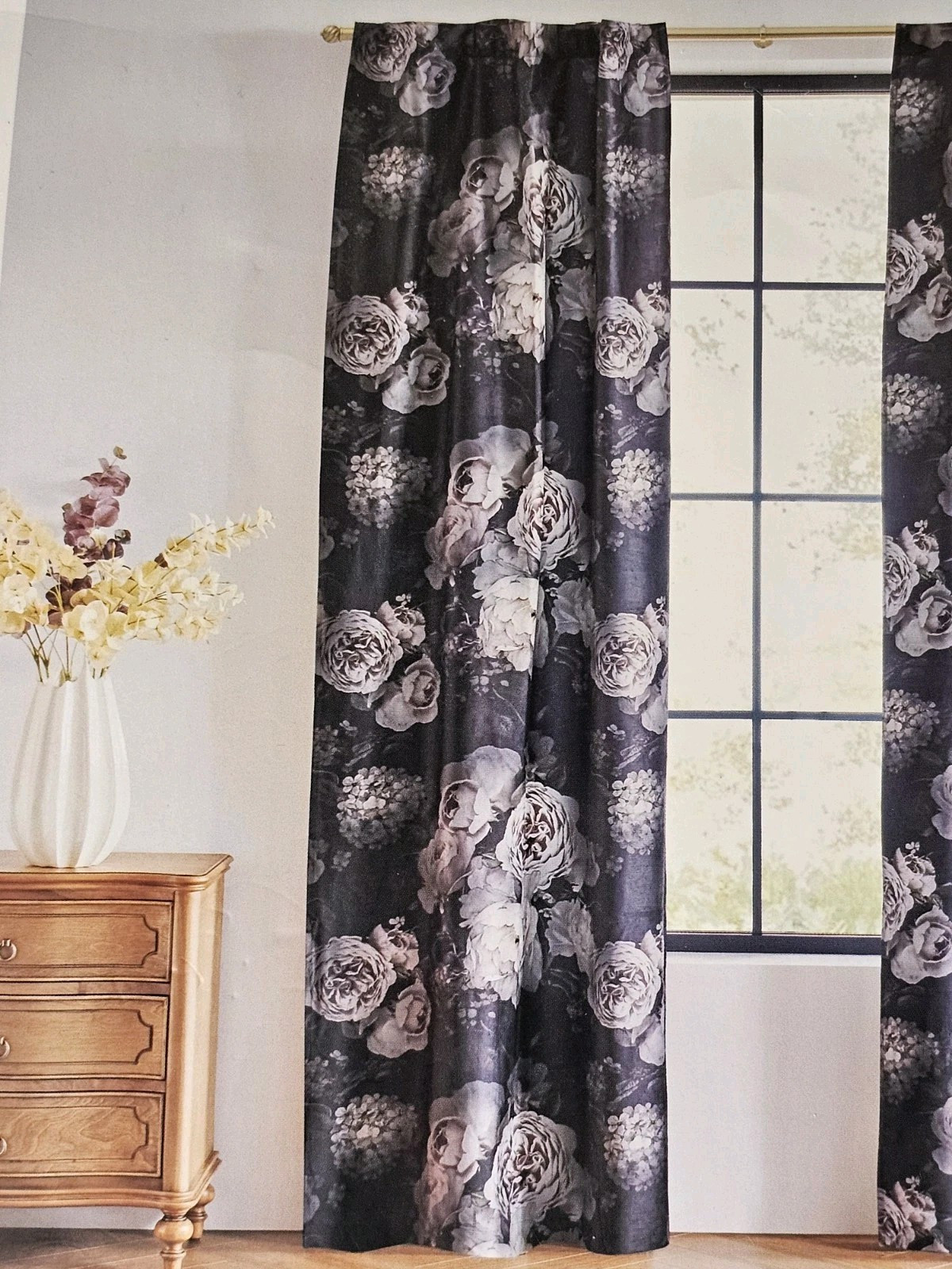 Callisto Home Blush Rose Floral Black Curtains 38″x 84 Rod Pocket Window Panels