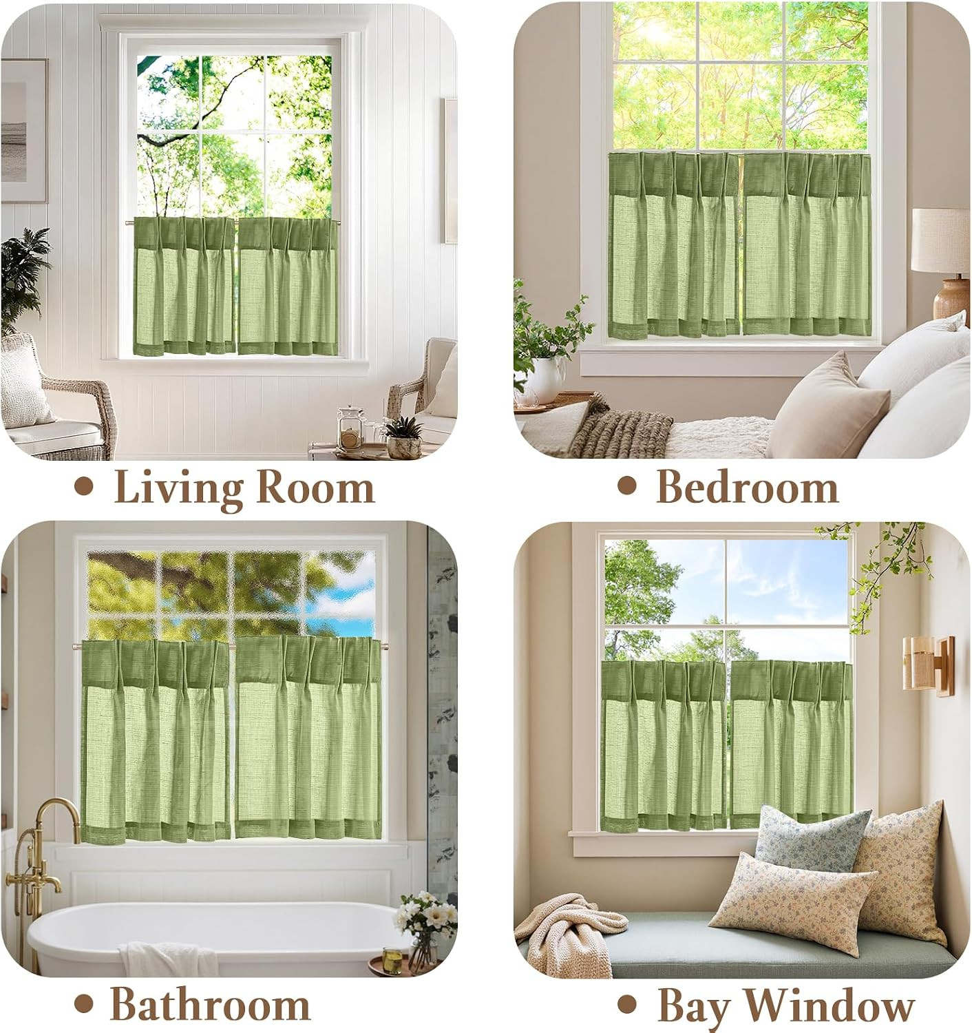 jinchan Linen Pinch Pleated Kitchen Curtains 24 Inch 2 Panels, Natural Linen Tie