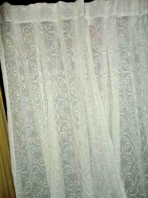 SOFTLINE PINCH PLEATED OFF-WHITE SCROLL SHEER (2) HIDDEN TABS PANELS 30 X 107