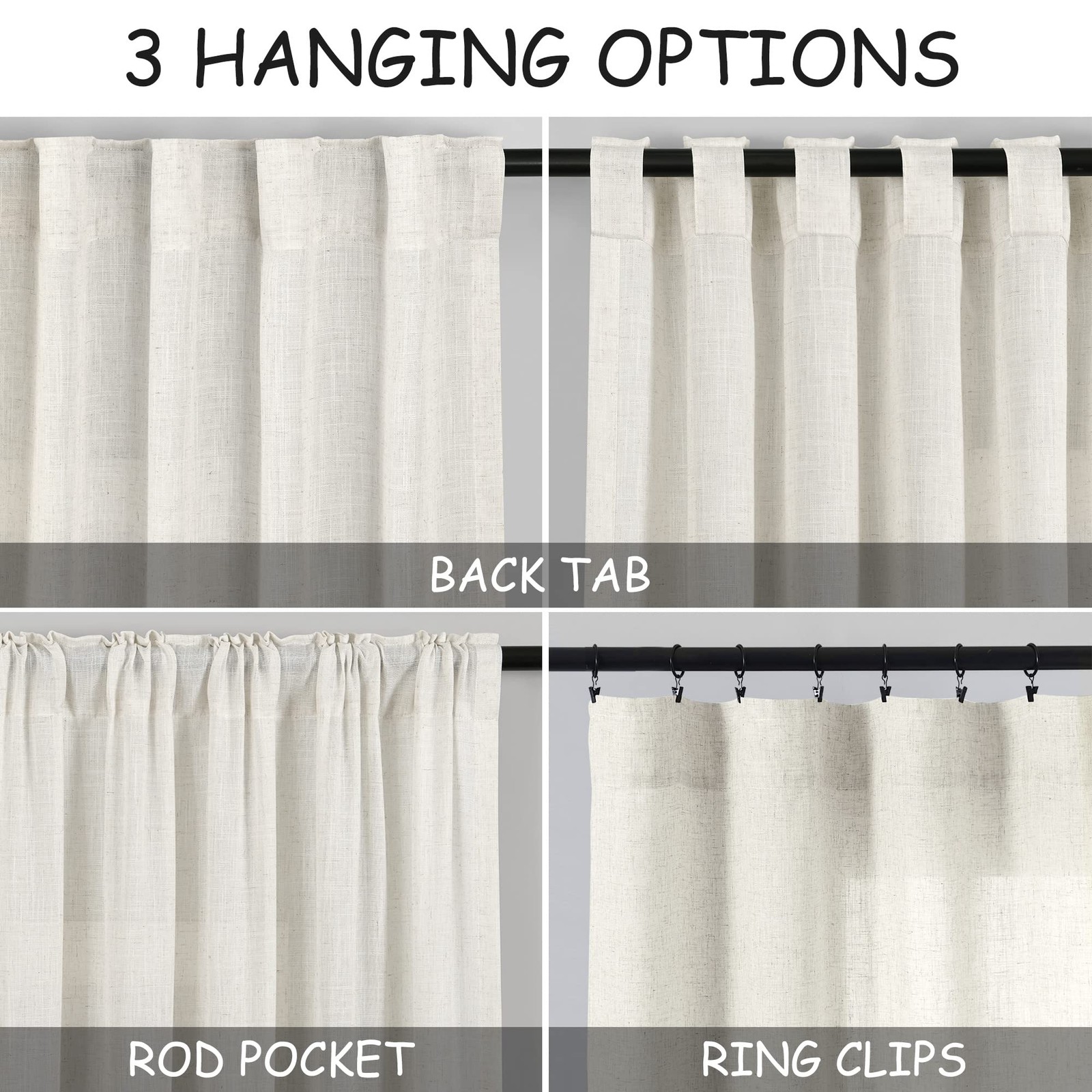 Cream Linen Back Tab Curtains 84 Inch Length for Living Room 2 Panel Set Neut…