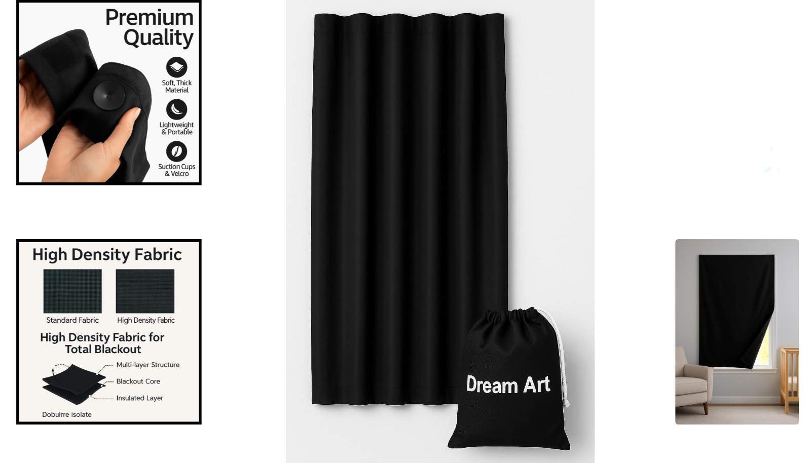 Classic Solid Black 100% Blackout Curtain – Adjustable & Portable for Any Room