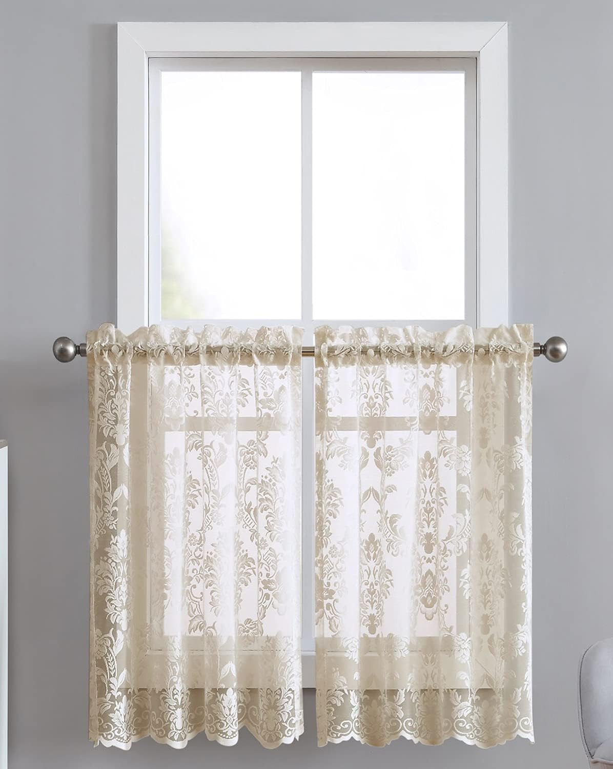 Pair of 30 Inches Wide X 36 Inches Long Gold Linen Knitted Lace Kitchen Tier Cur